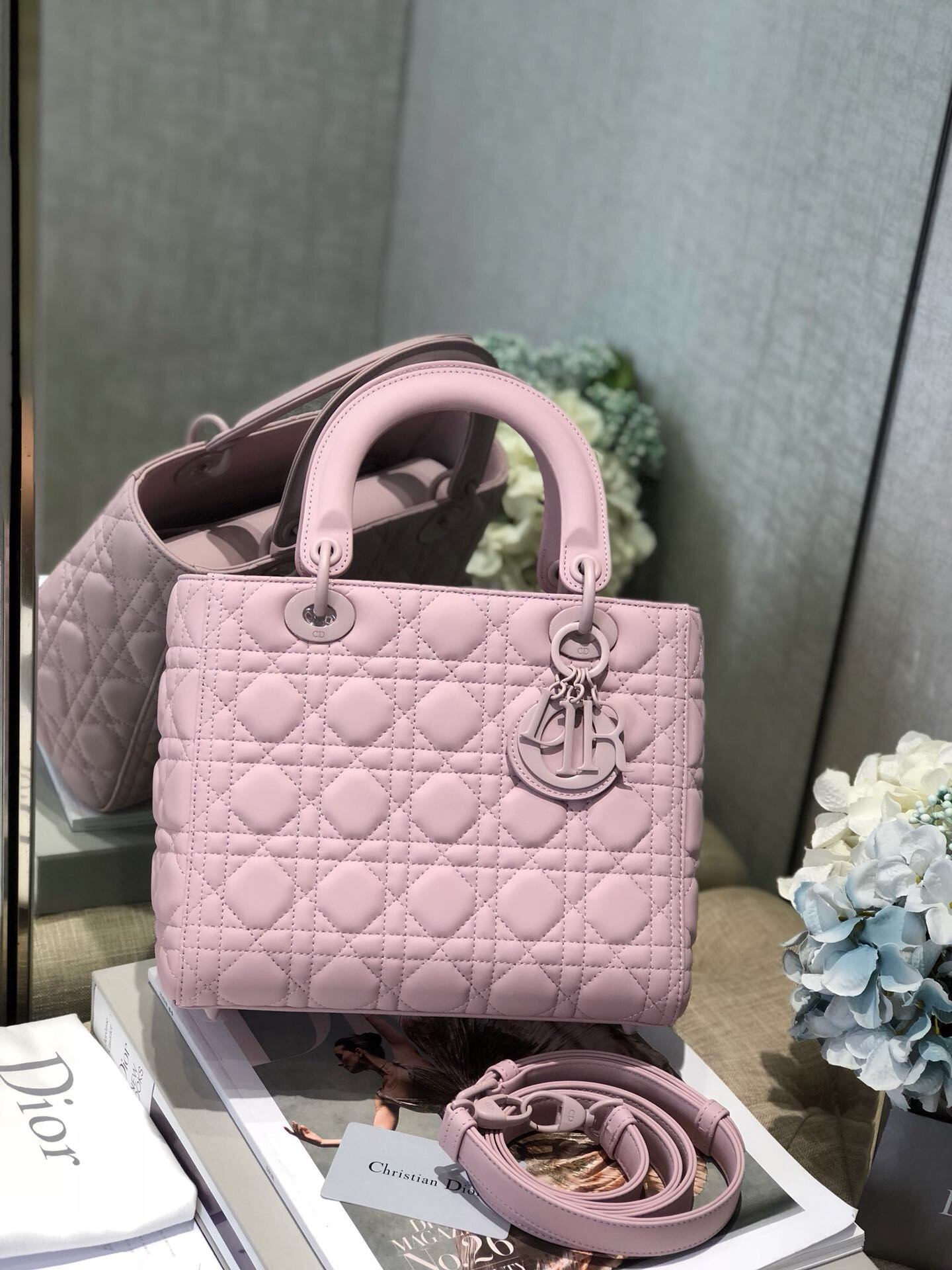 medium lady D*or bag 9.5 x 8 x 4.5 inches