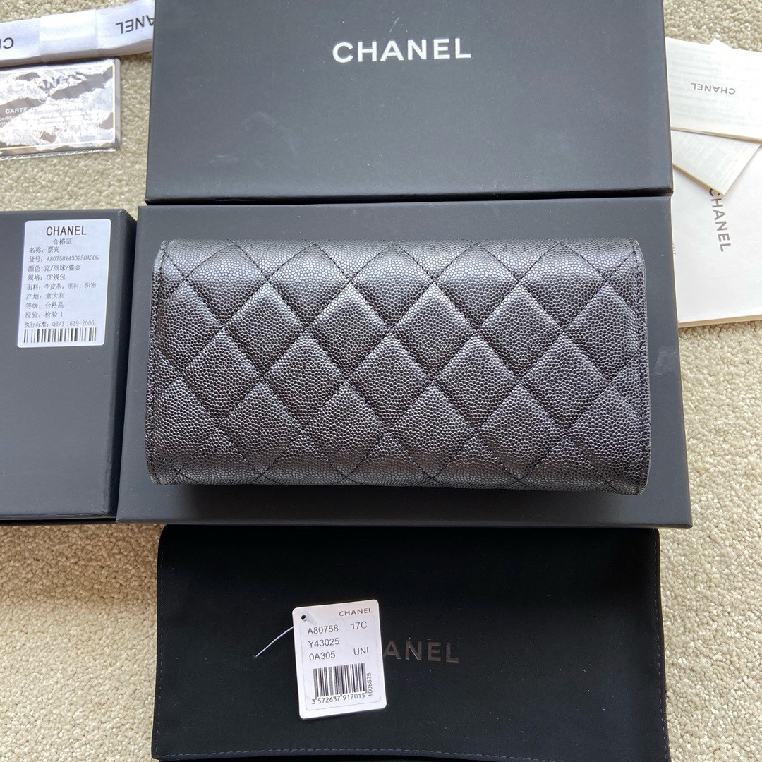 Ch*el flap wallet grained leather black gold 19.5 x10 cm