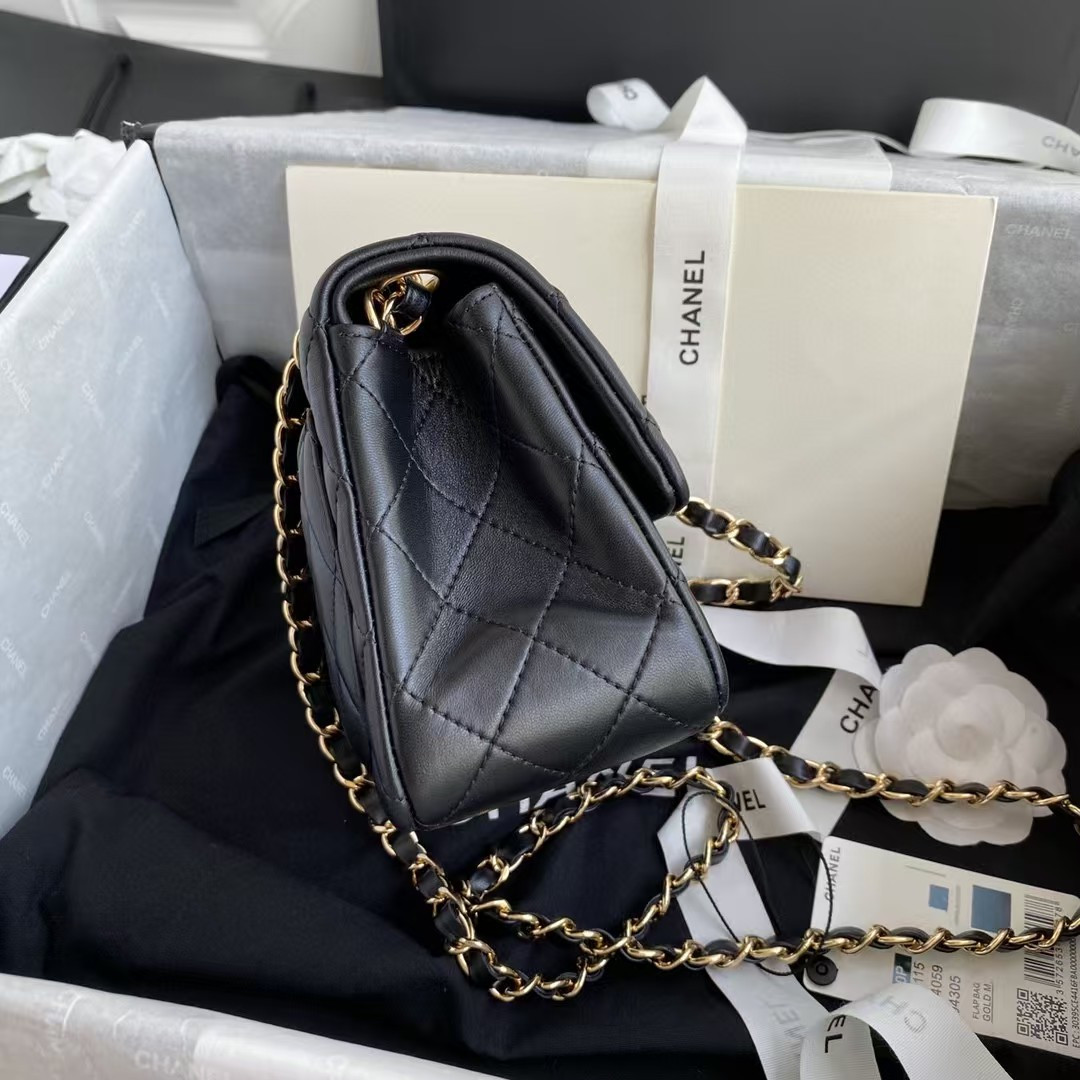 Ch*el mini classic handbag lambskin & gold-tone metal black 5.3 × 6.6 × 3.1 in