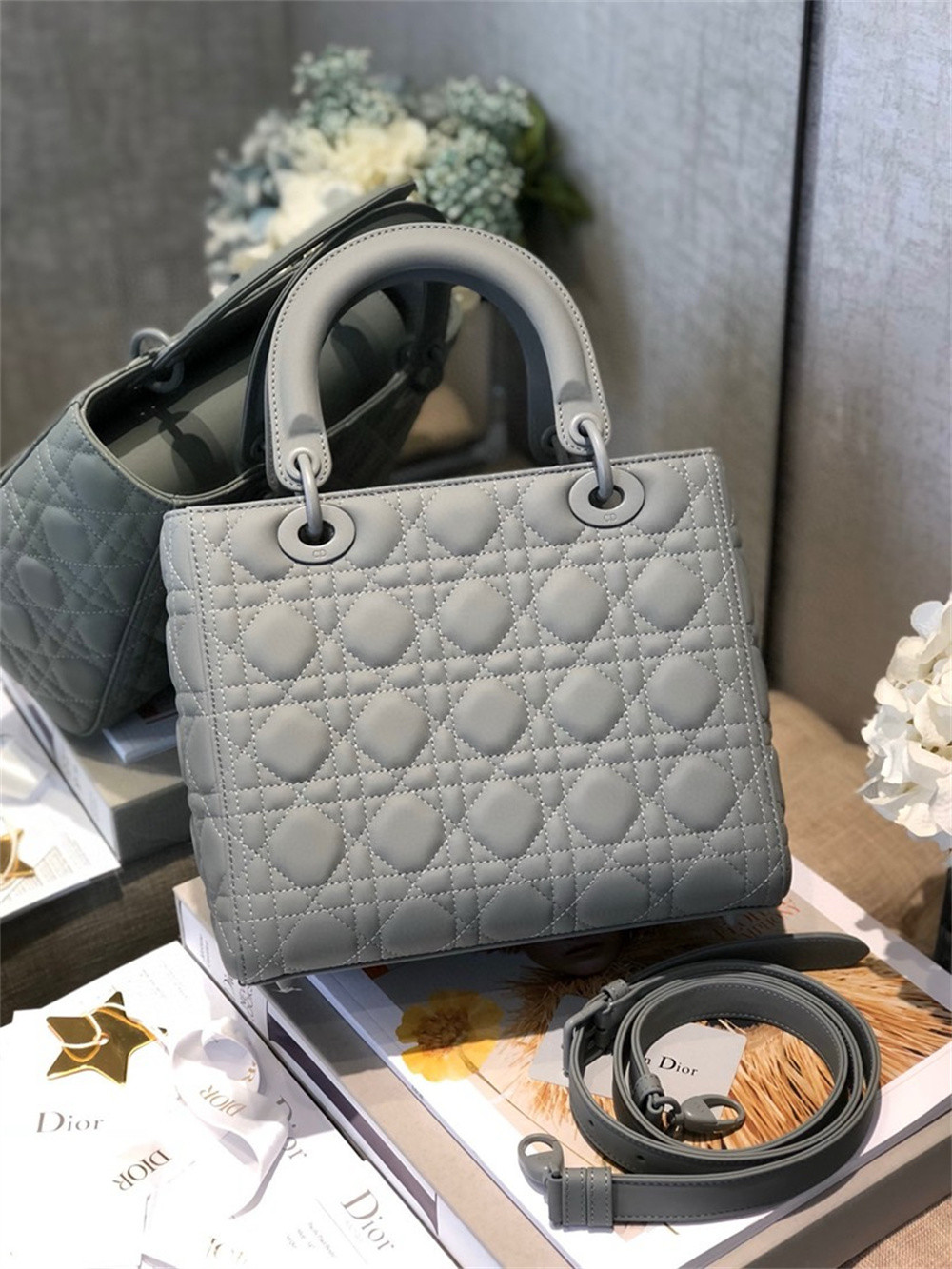 medium lady D*or bag 9.5 x 8 x 4.5 inches
