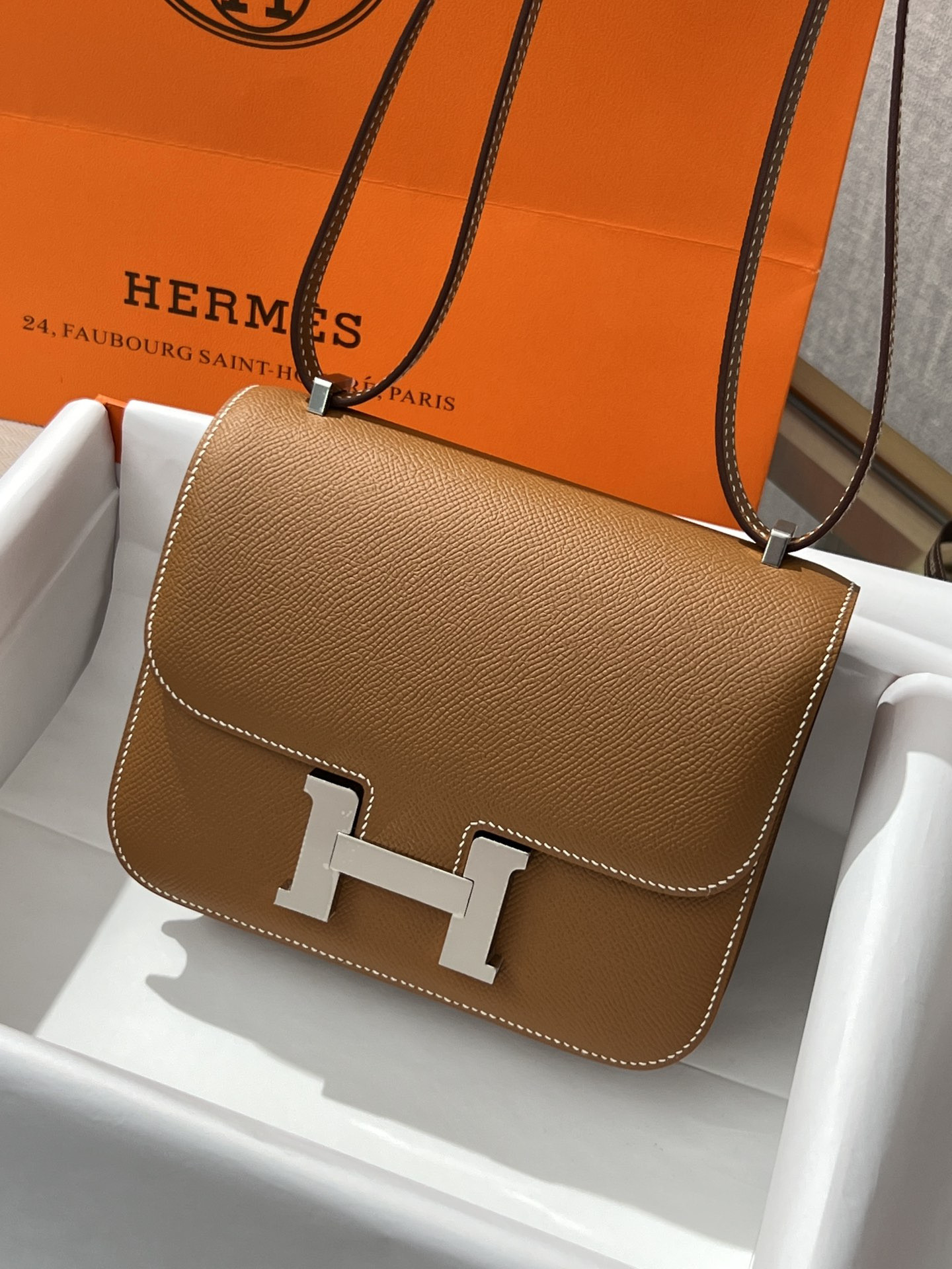 H**mes constance 24  epsom leather silver hardware 9.4"x5.9"x3"