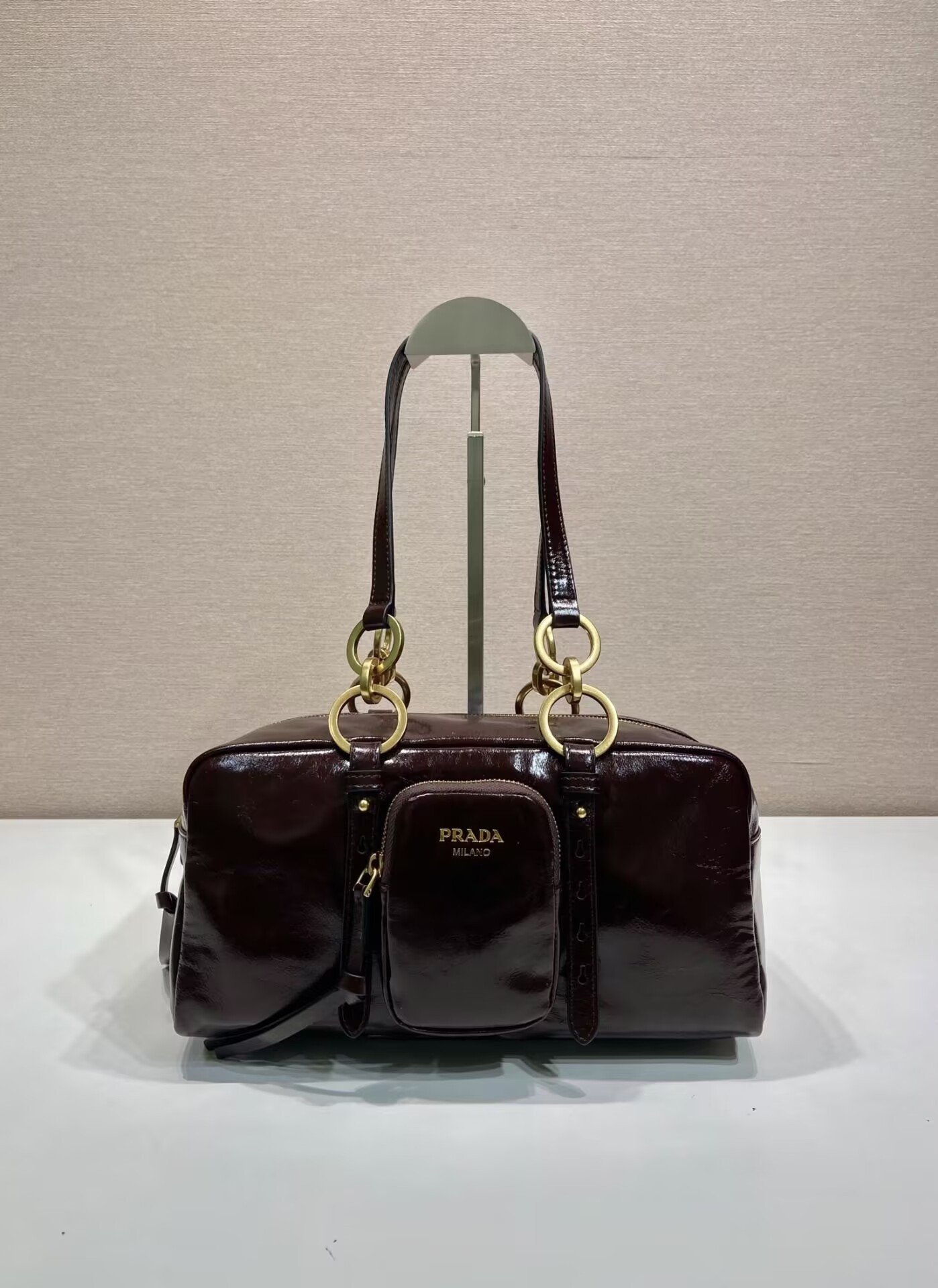 Pra*a dangle medium leather top-handle bag 14x30x13.5cm