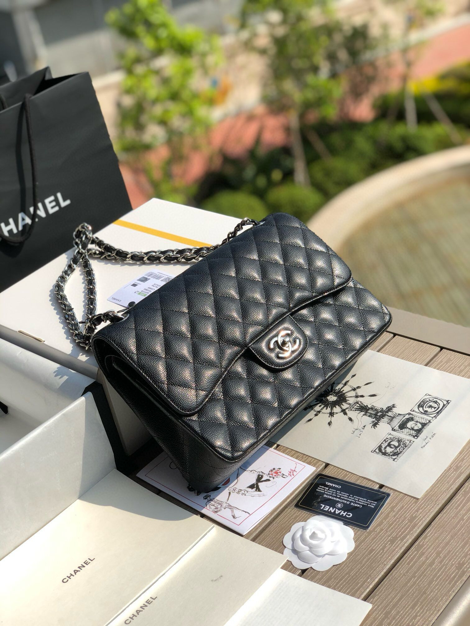 Ch*el classic flap jumbo 30cm cf black silver  7.6 × 11.7 × 3.9 in