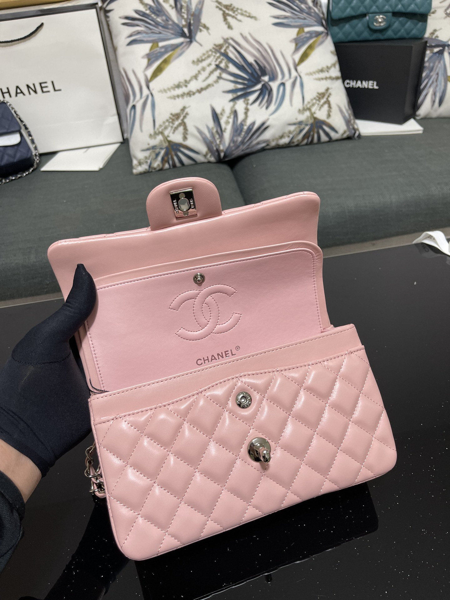 Ch*el small classic handbag lambskin pink 5.7 × 9 × 2.3 in
