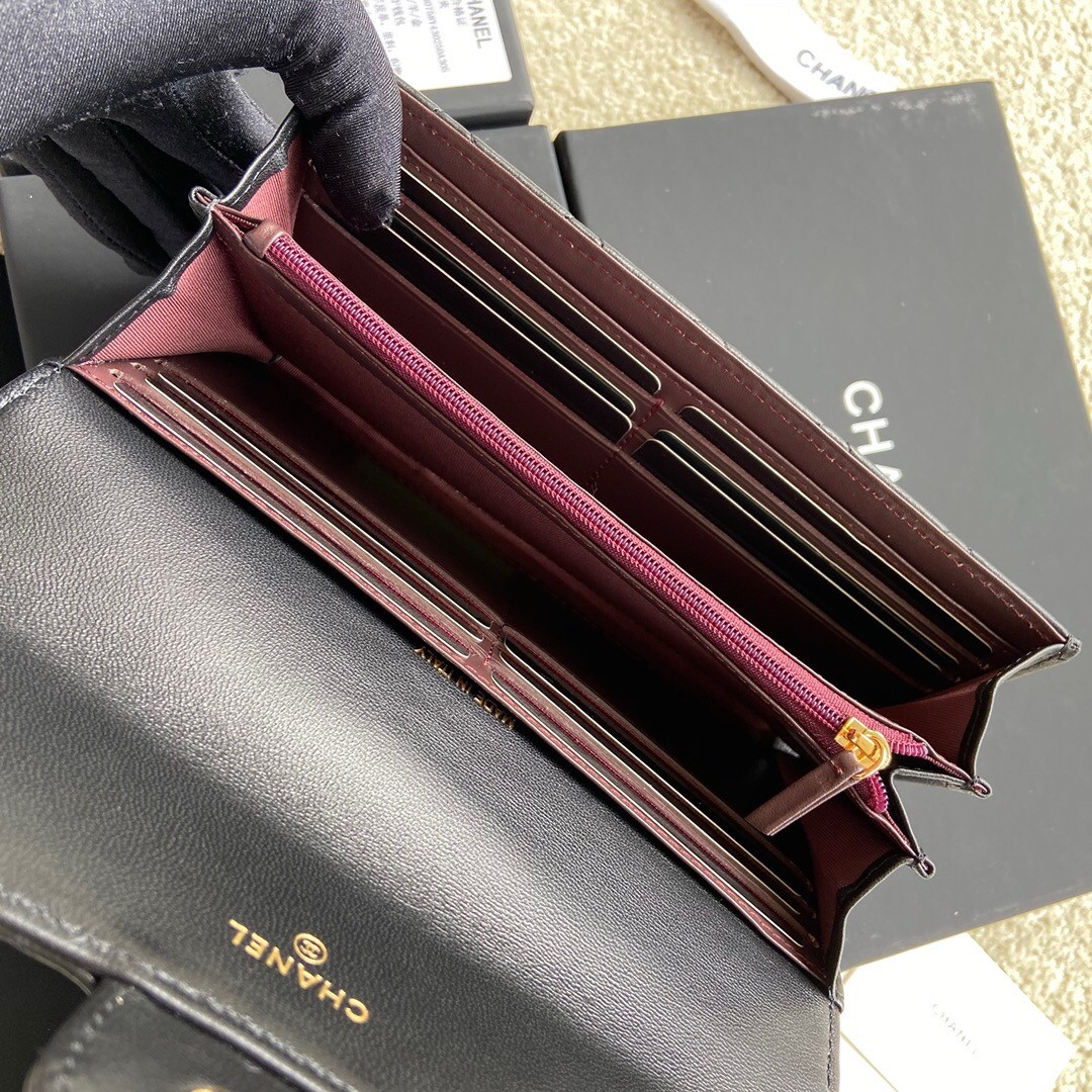 Ch*el flap wallet black 19.5 x10 cm