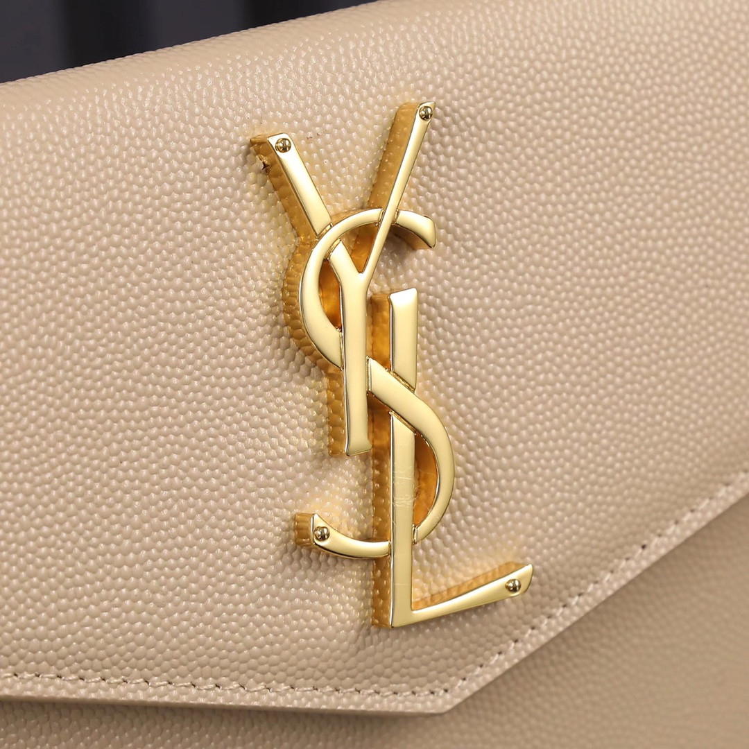 Y*L uptown pouch in grain de poudre embossed leather dark beige 10.6 x 6.2 x 0.7 inches