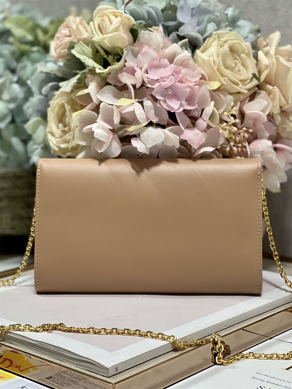 D*or bobby east-west pouch with chain latte smooth calfskin amber