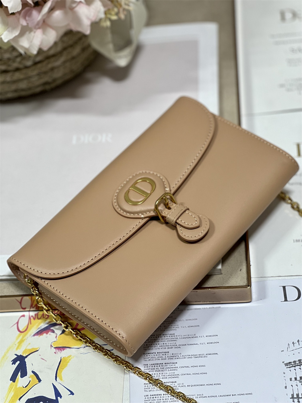 D*or bobby east-west pouch with chain latte smooth calfskin amber