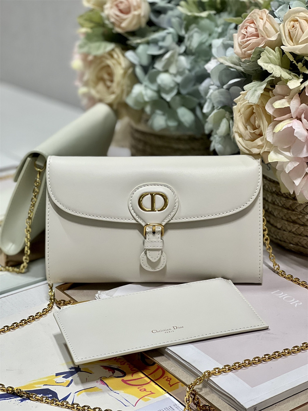 D*or bobby east-west pouch with chain latte smooth calfskin white