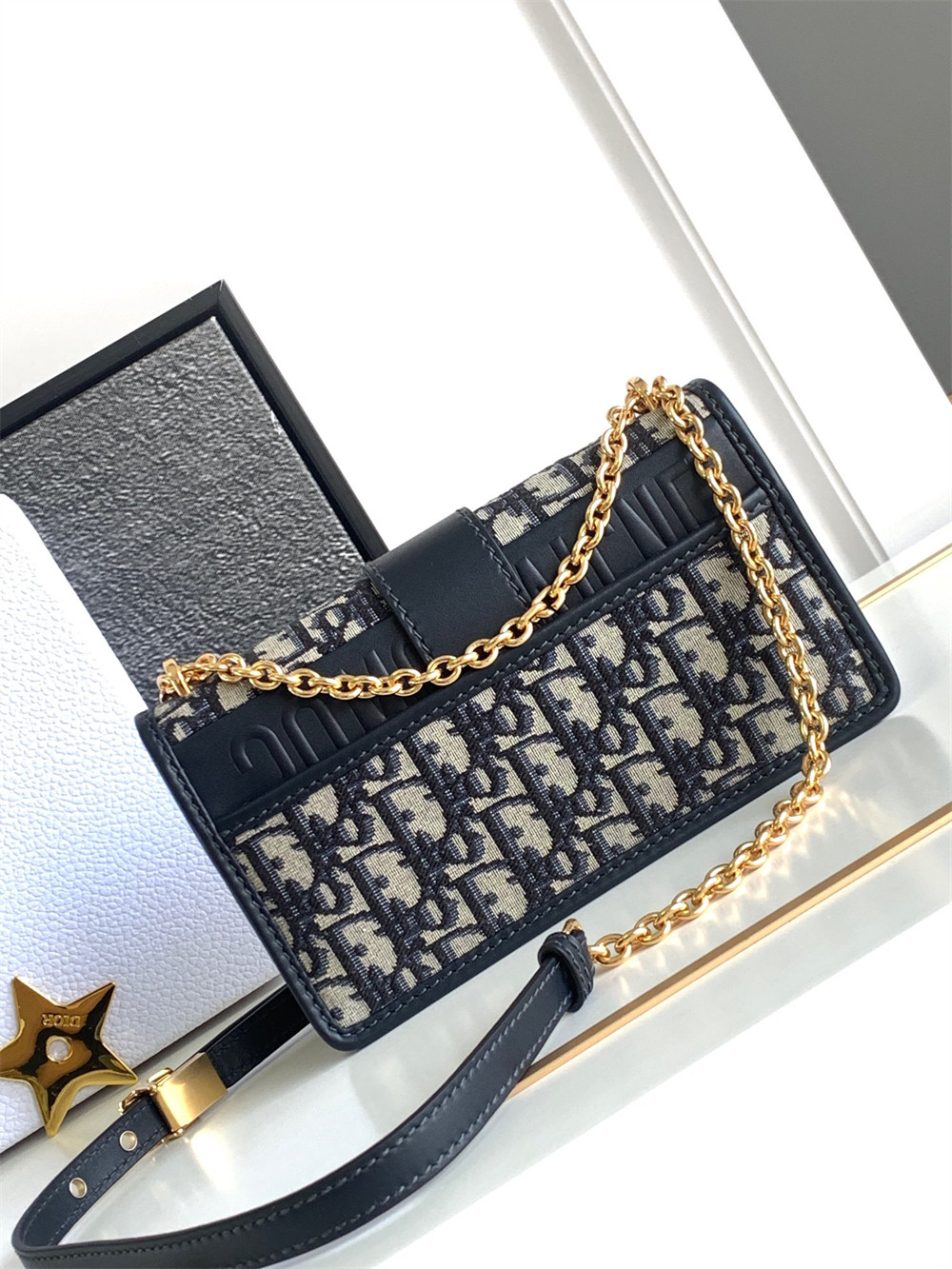 D*or 30 montaigne east-west bag with chain blue D*or oblique jacquard 21 x 12 x 6 cm / 8.5 x 4.5 x 2.5 inches