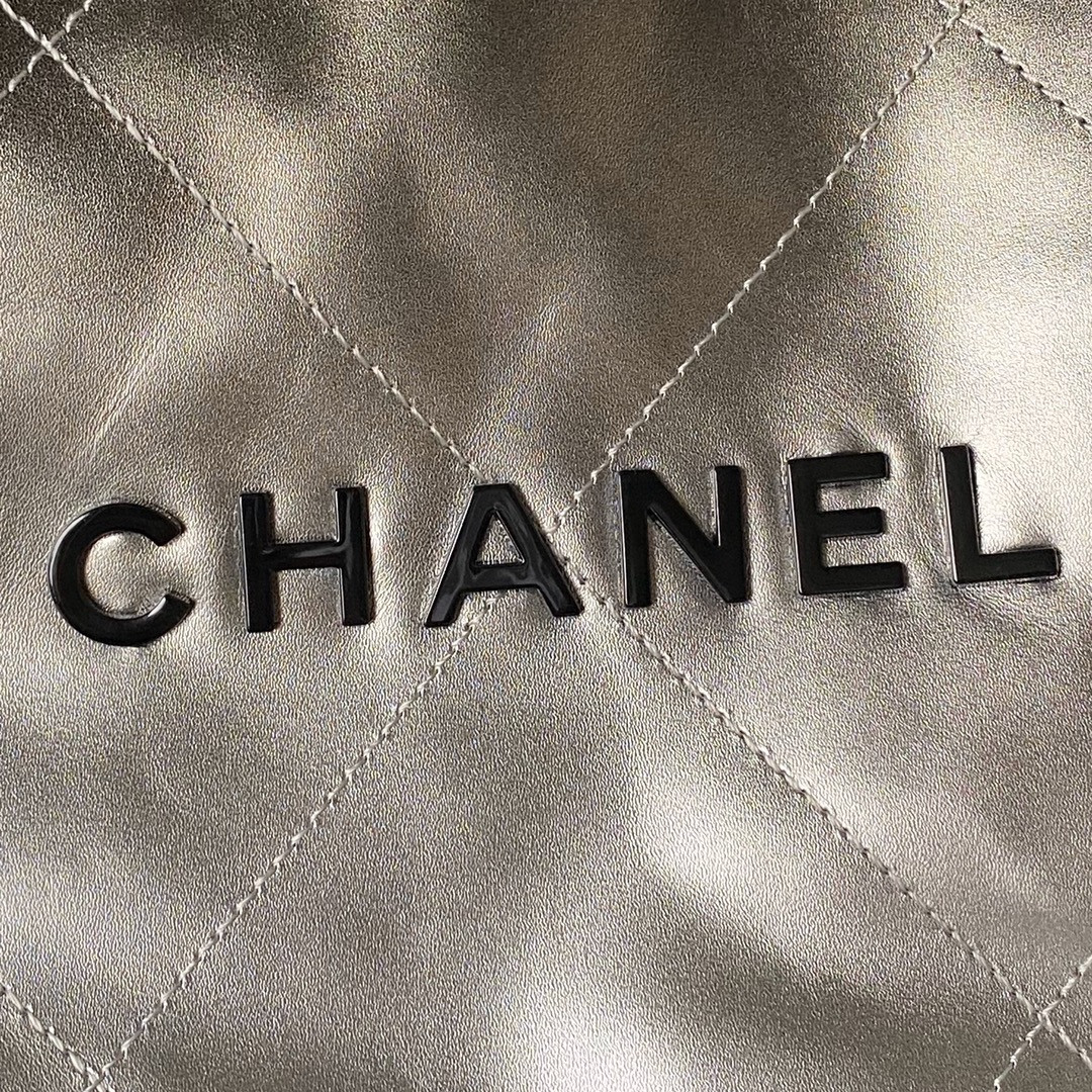Ch*el 22 handbag shiny calfskin silver 15.2×16.4×3.1 in
