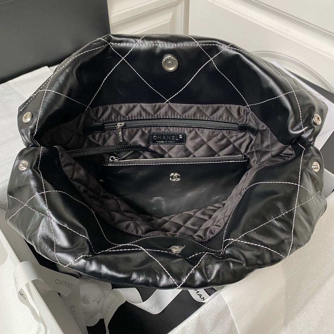 Ch*el 22 handbag shiny calfskin silver 15.2×16.4×3.1 in
