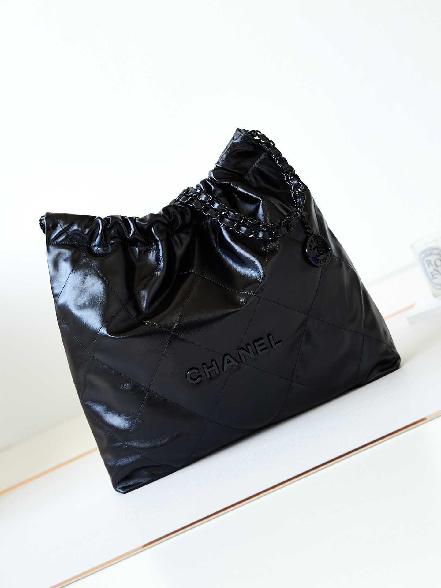 Ch*el 22 handbag shiny calfskin all black 15.2×16.4×3.1 in