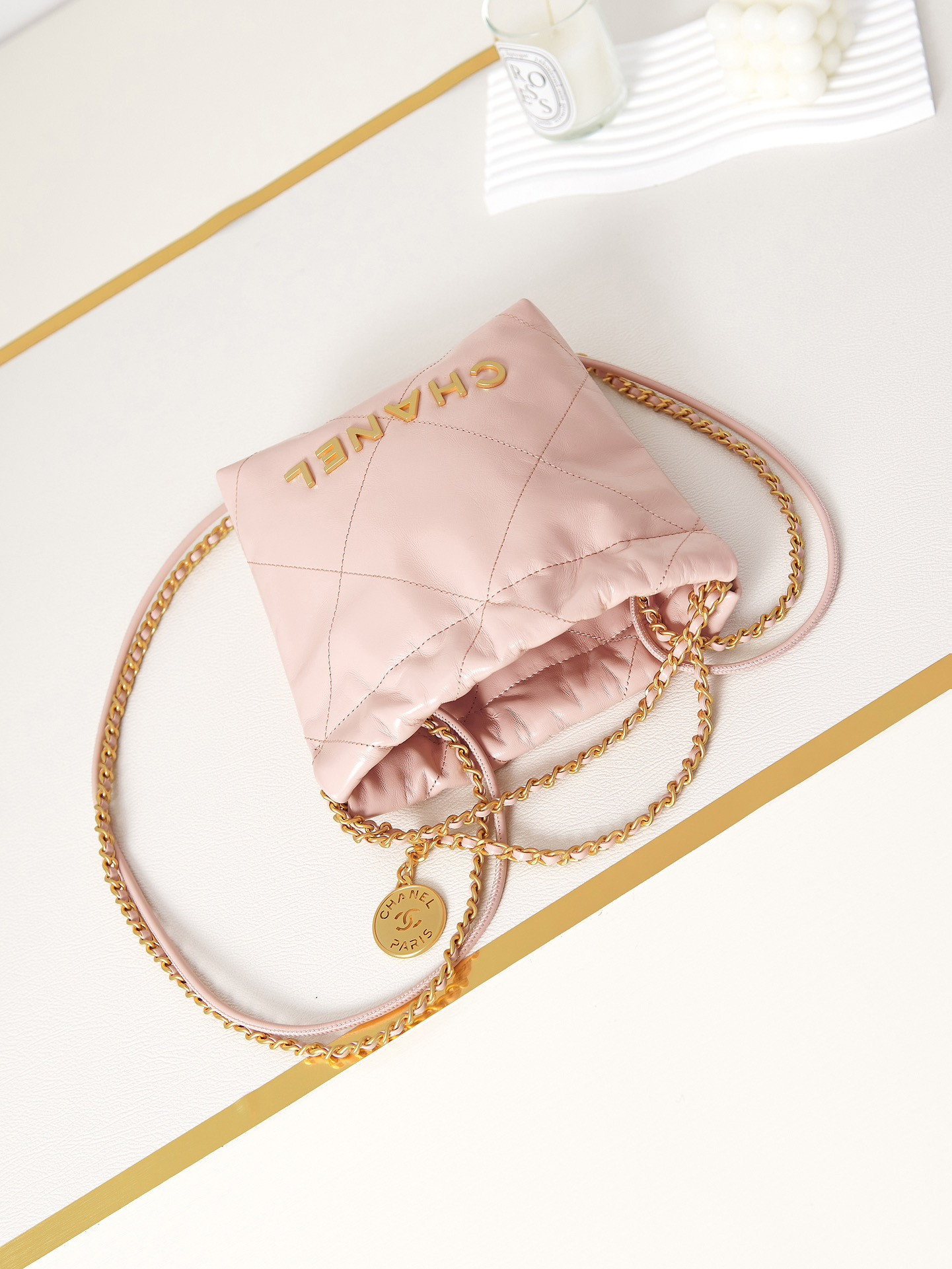 Ch*el 22 mini handbag shiny calfskin pink 7.8 × 7.4 × 2.3 in