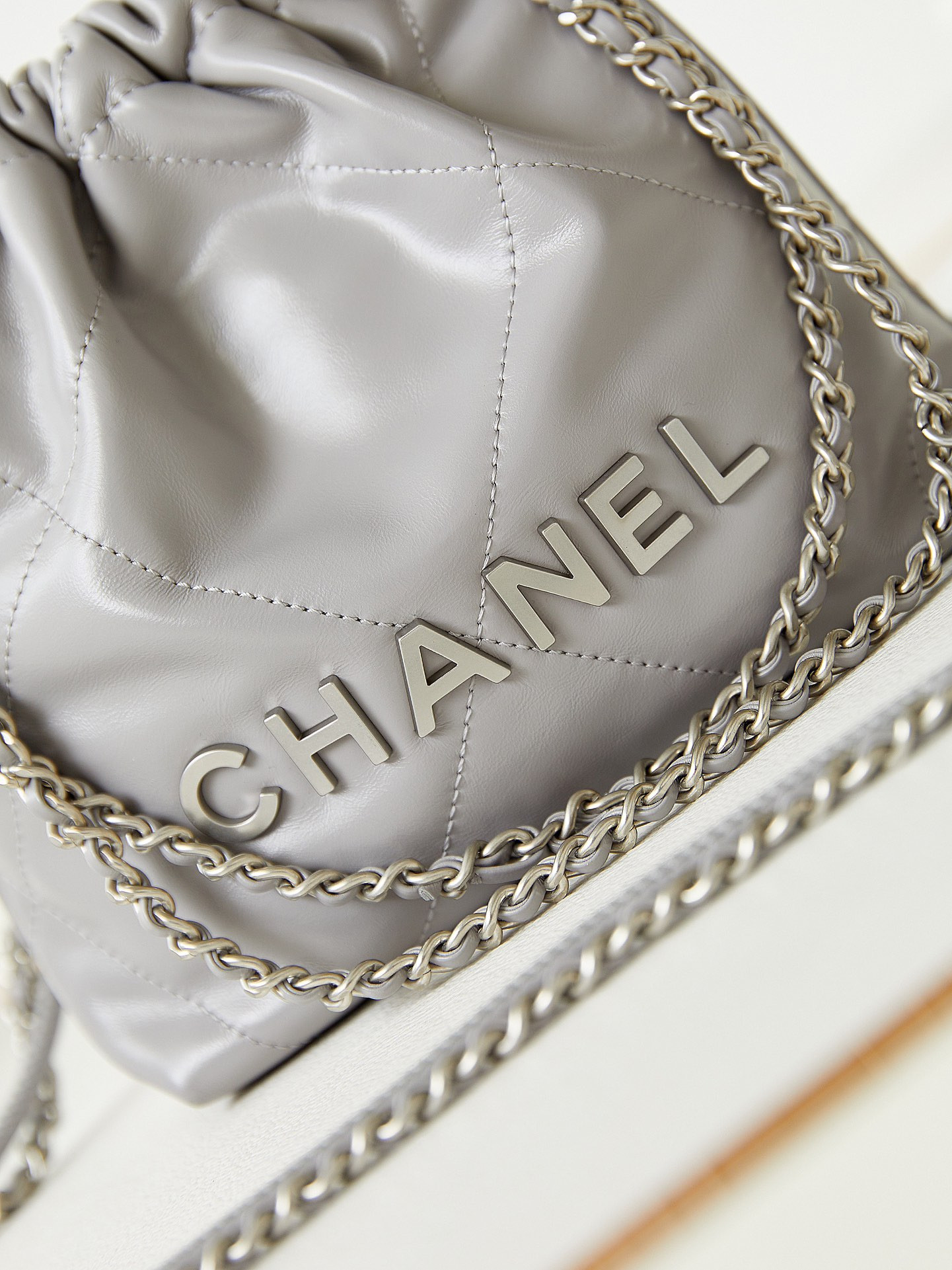 Ch*el 22 mini handbag shiny calfskin grey 7.8 × 7.4 × 2.3 in