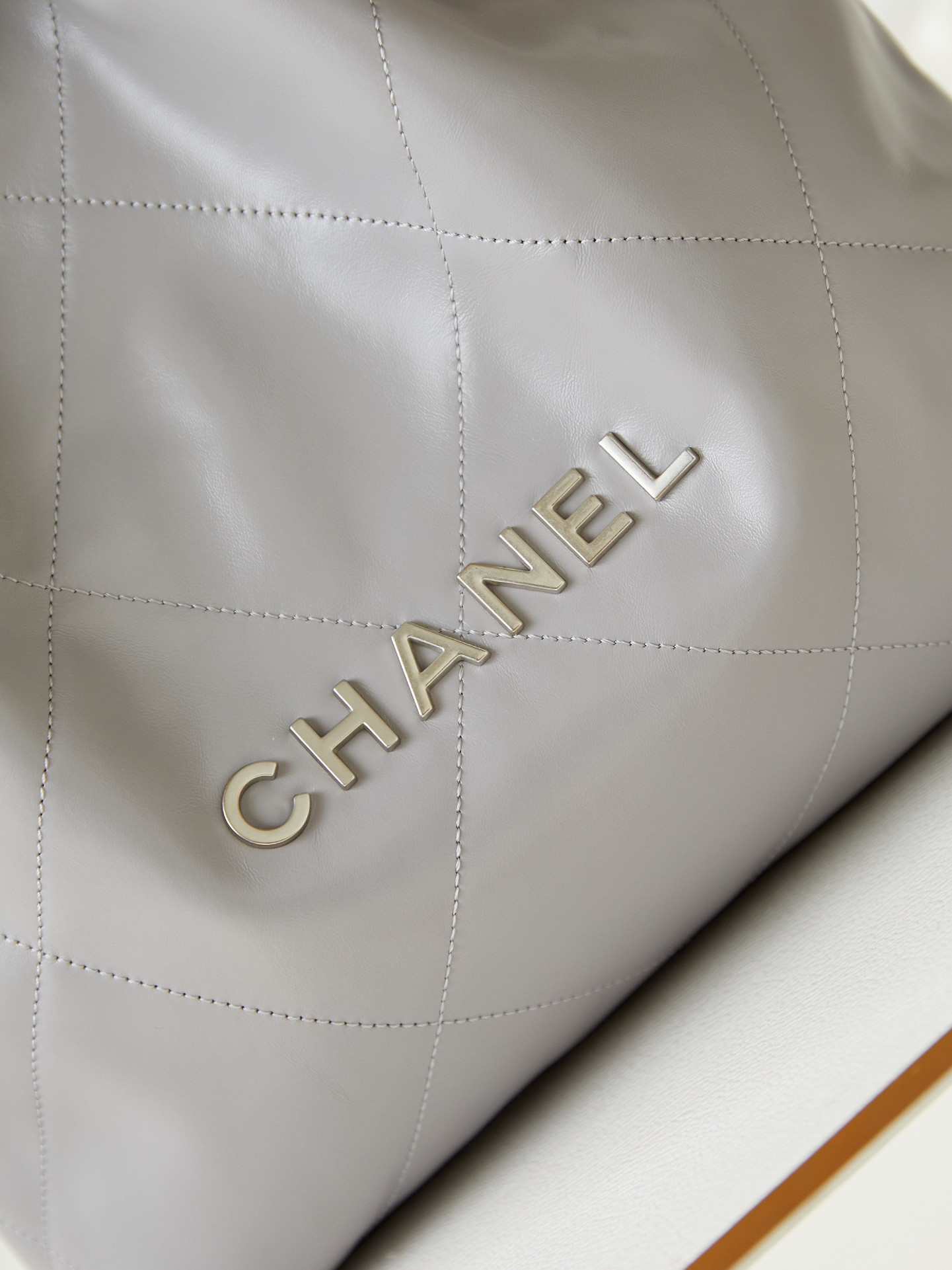 Ch*el 22 small handbag shiny calfskin grey 13.7×14.4×2.7 in