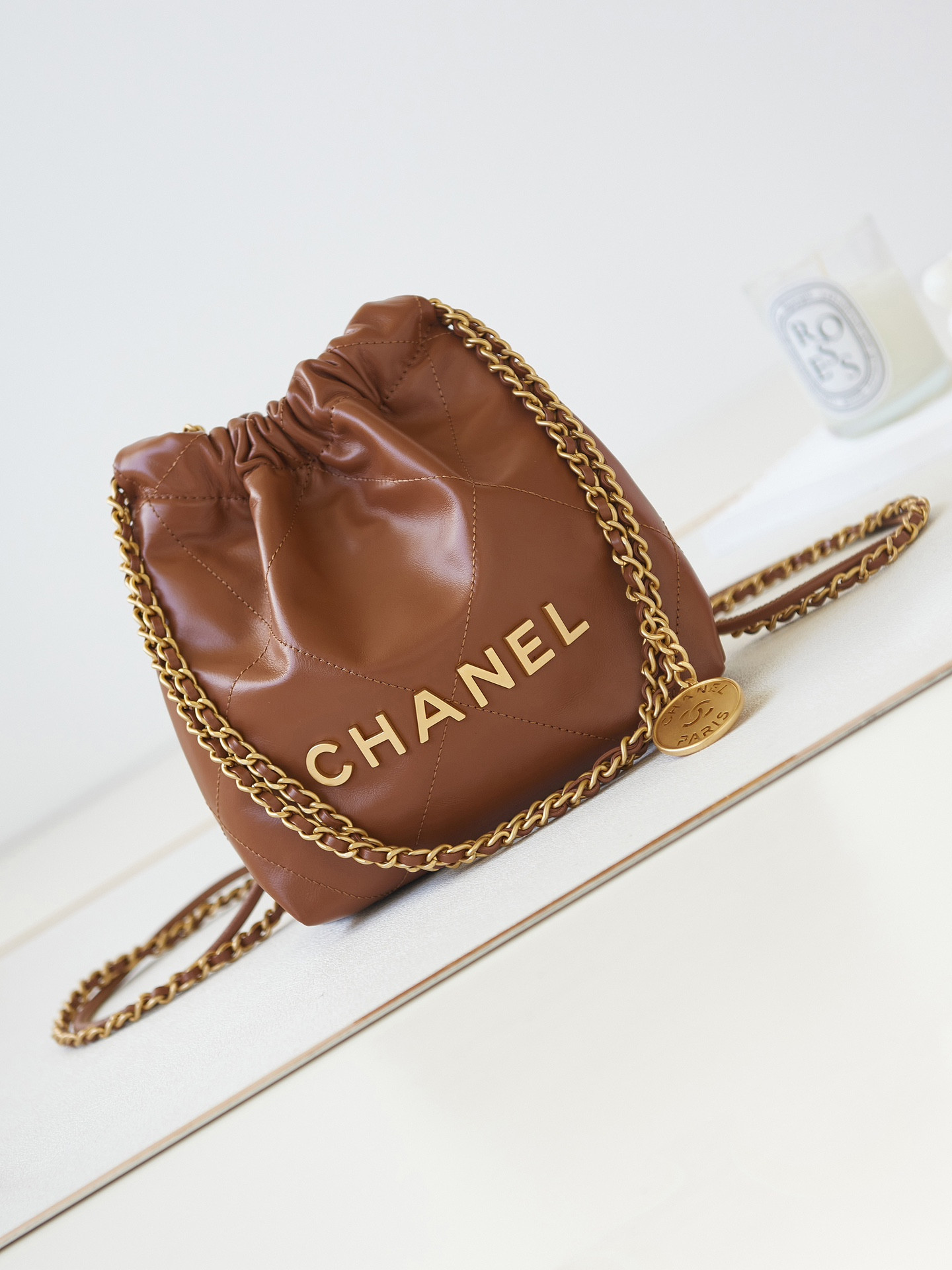 Ch*el 22 mini handbag shiny calfskin brown 7.8 × 7.4 × 2.3 in