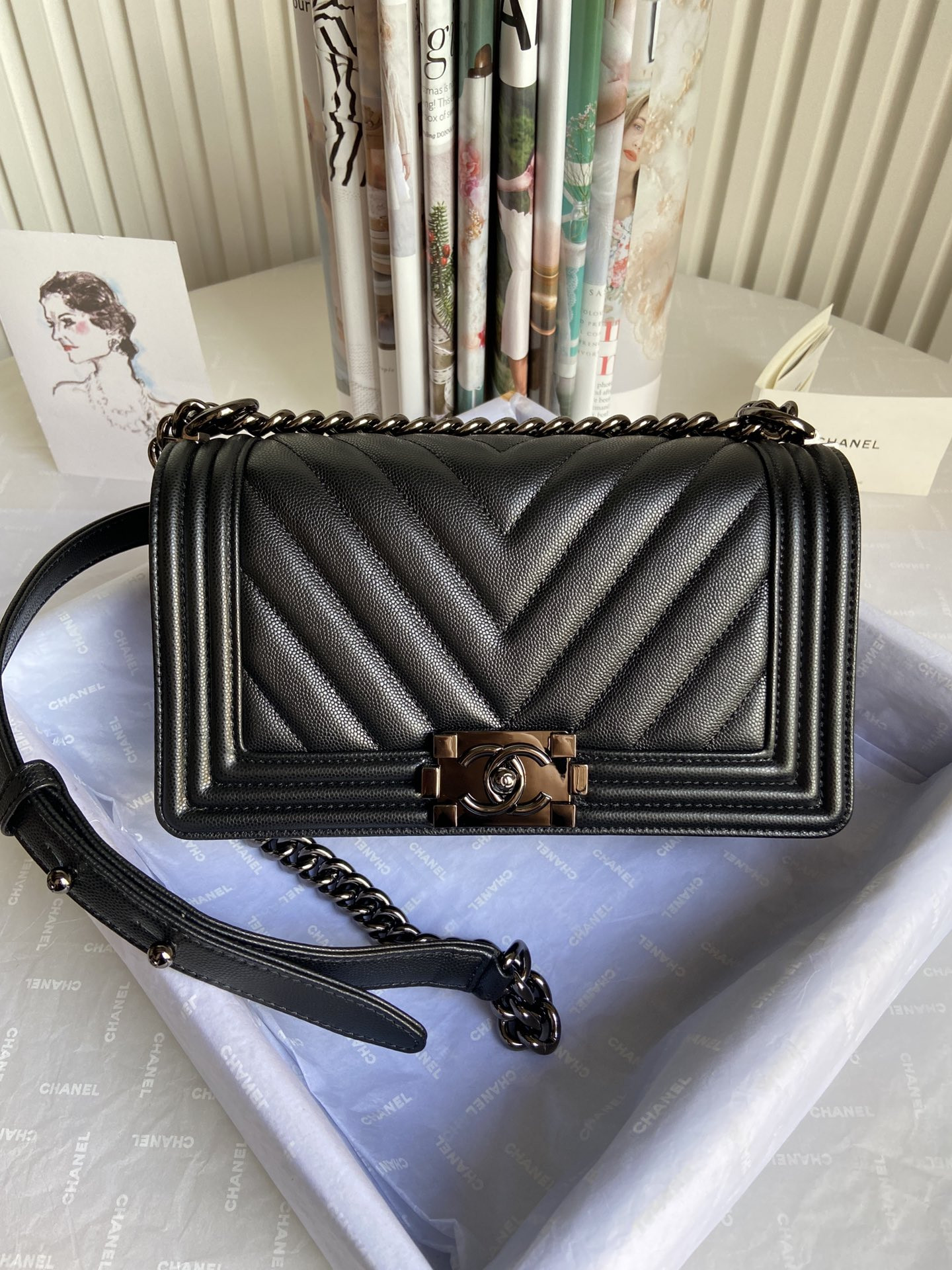 boy Ch*el handbag shiny grained calfskin black 5.9 × 9.8 × 3.5 in