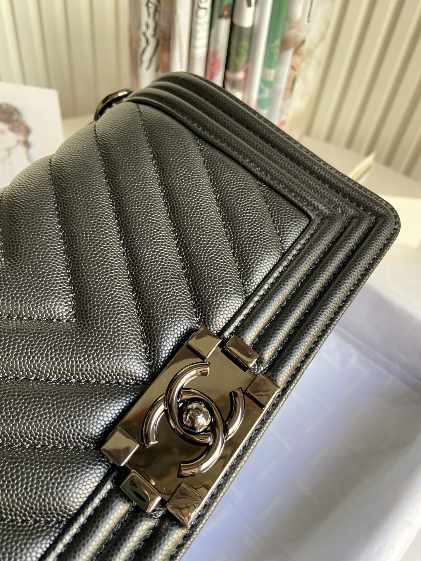 boy Ch*el handbag shiny grained calfskin black 5.9 × 9.8 × 3.5 in