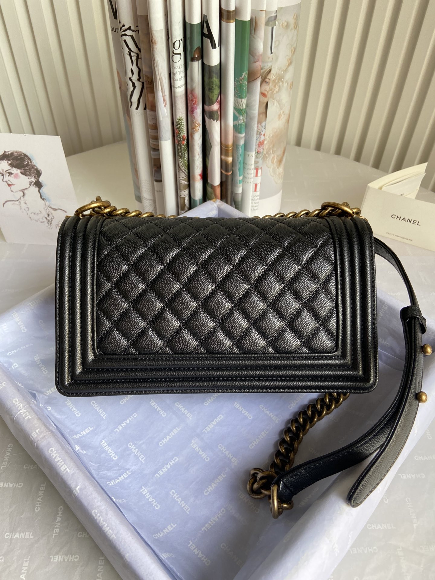 boy Ch*el handbag shiny grained calfskin 5.9 × 9.8 × 3.5 in