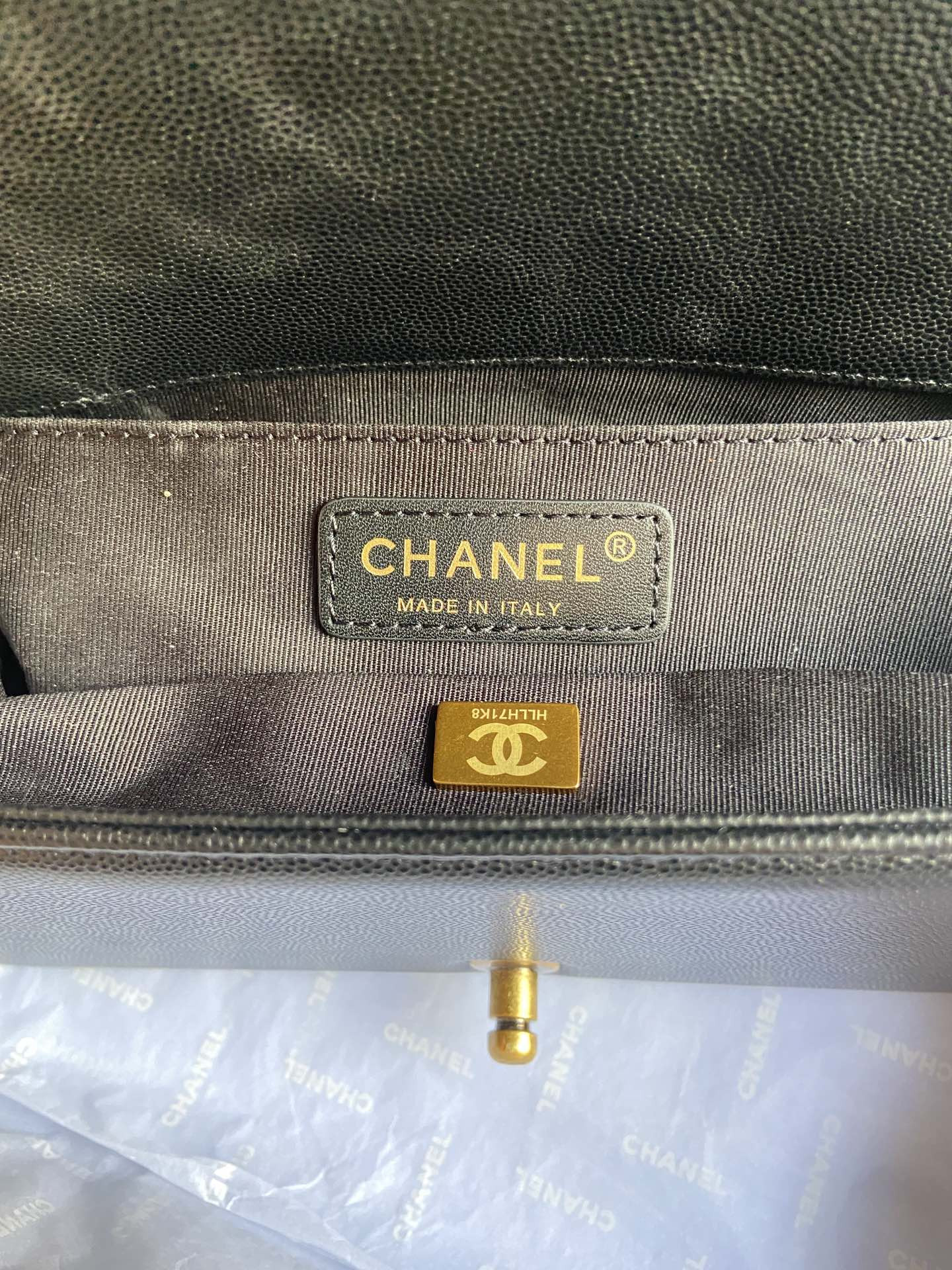 boy Ch*el handbag shiny grained calfskin 5.9 × 9.8 × 3.5 in