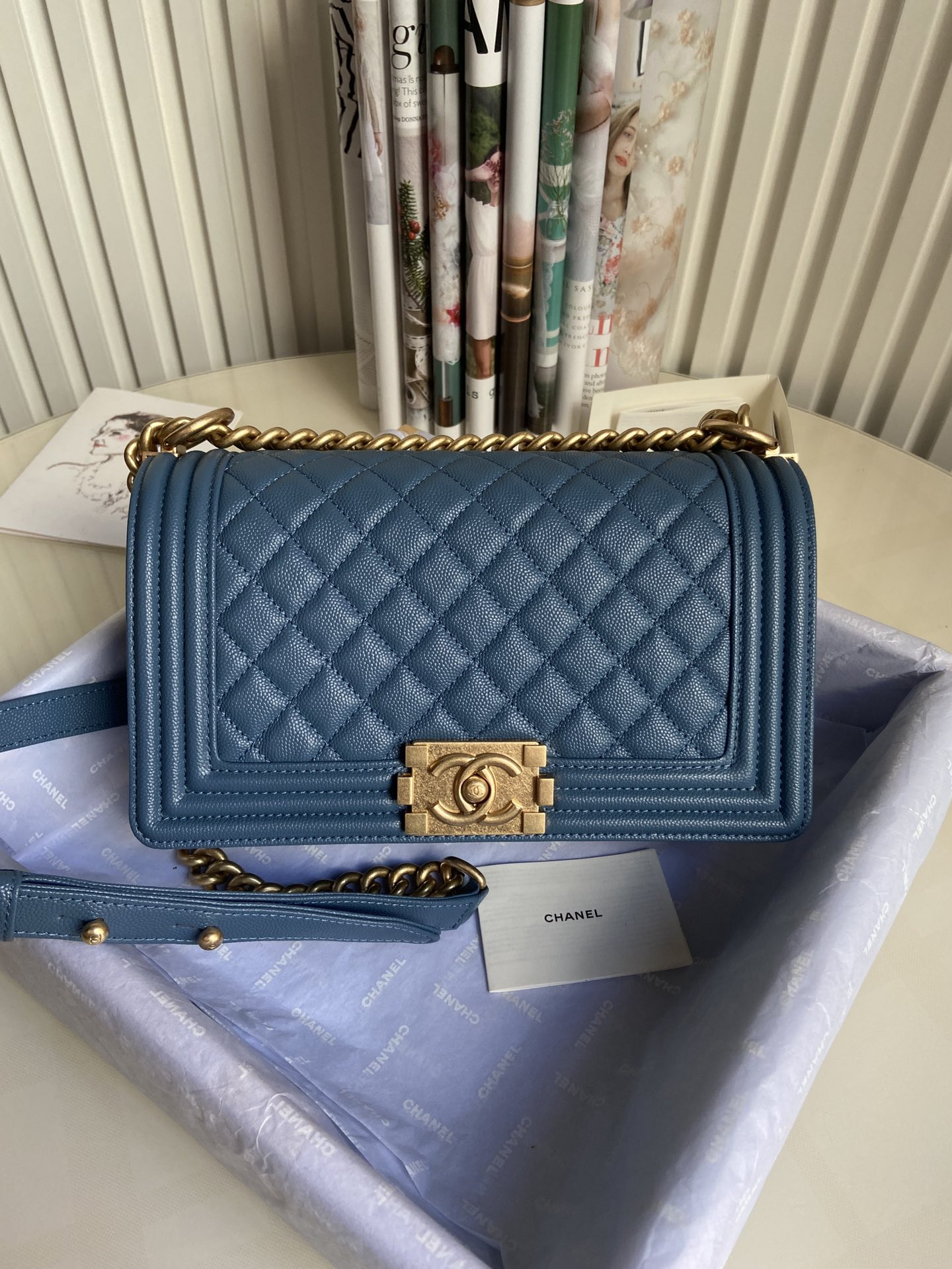 boy Ch*el handbag shiny grained calfskin & gold-tone metal blue 5.9 × 9.8 × 3.5 in