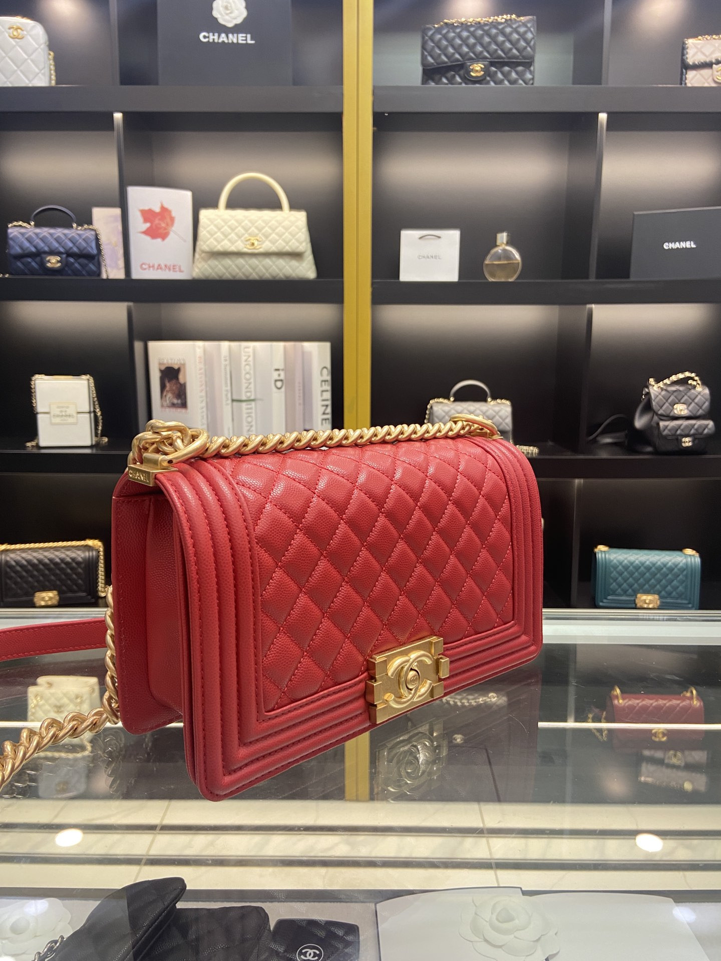 boy Ch*el handbag shiny red grained calfskin & gold-tone metal 5.9 × 9.8 × 3.5 in