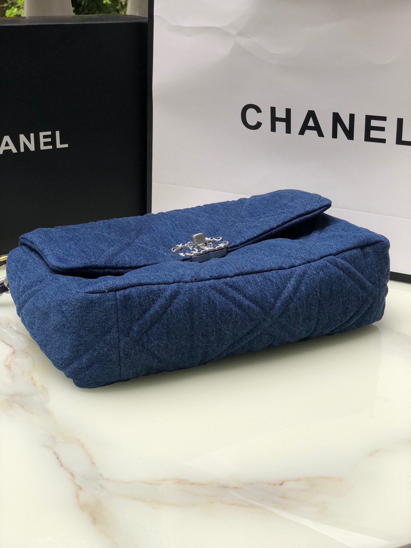 Ch*el 19 large handbag, gold-tone, silver-tone & ruthenium-finish metal blue 7.8 × 11.7 × 3.9 in
