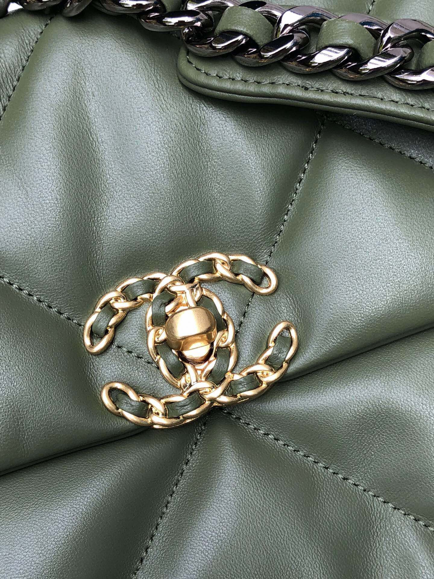 Ch*el 19 large handbag shiny leather, gold-tone, silver-tone & ruthenium-finish metal dark green 7.8 × 11.7 × 3.9 in