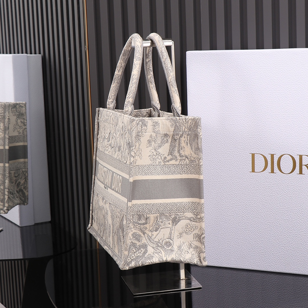medium D*or book tote ecru and gray toile de jouy embroidery 14 x 11 x 6.5 inches