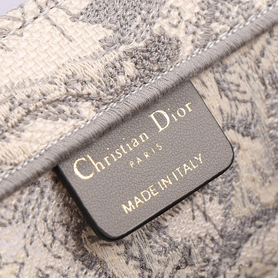 medium D*or book tote ecru and gray toile de jouy embroidery 14 x 11 x 6.5 inches