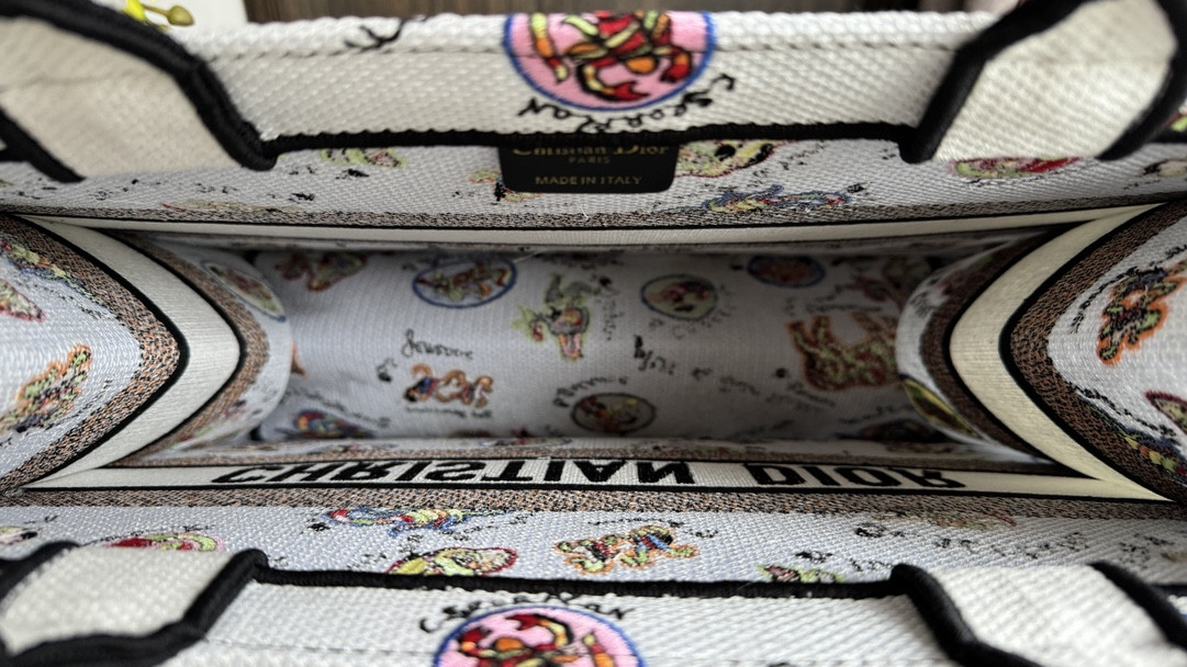 medium D*or book tote white multicolor dragon zodiac embroidery 14 x 11 x 6.5 inches