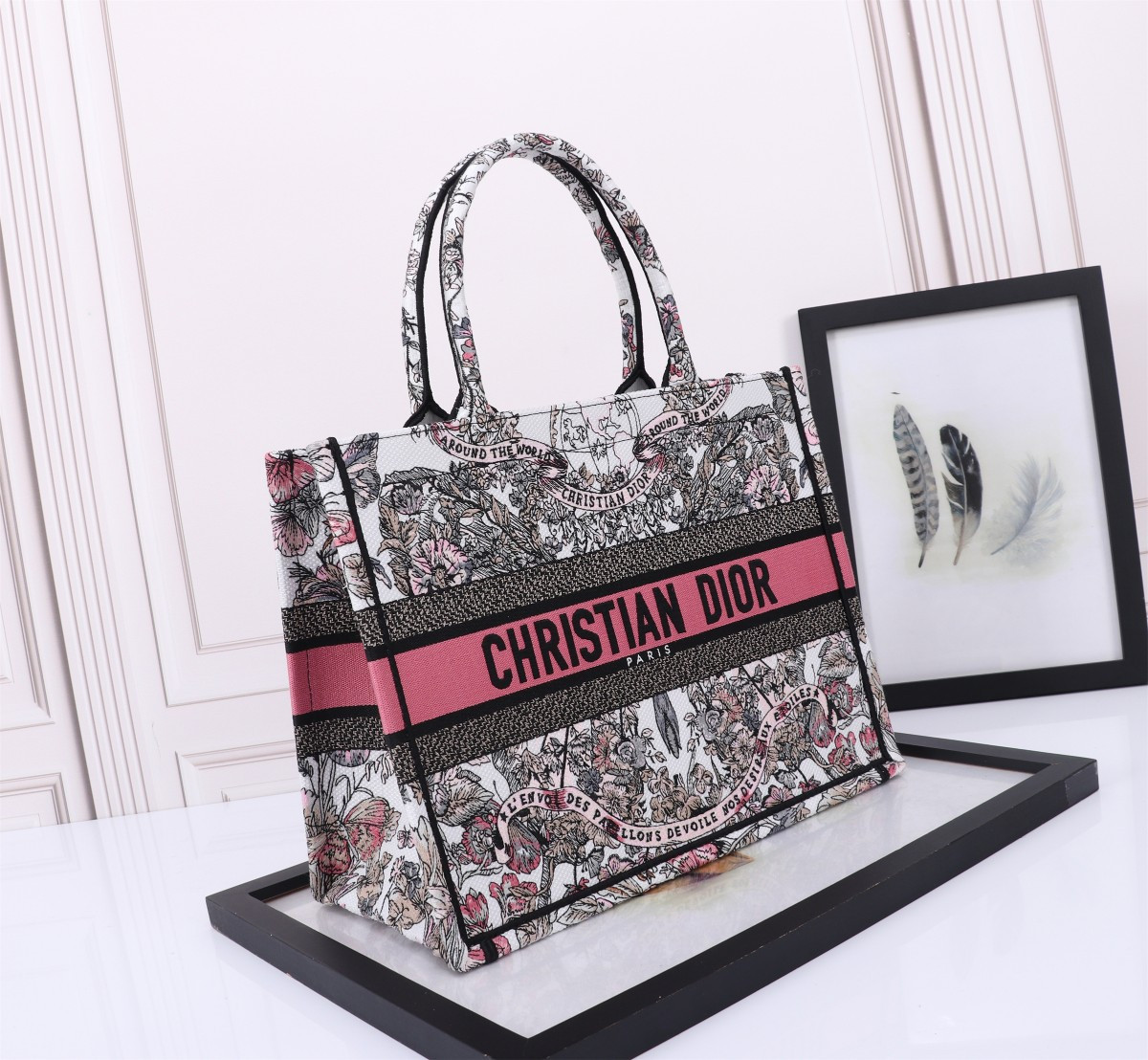 medium D*or book tote  white and pastel pink butterfly around the world embroidery 14 x 11 x 6.5 inches