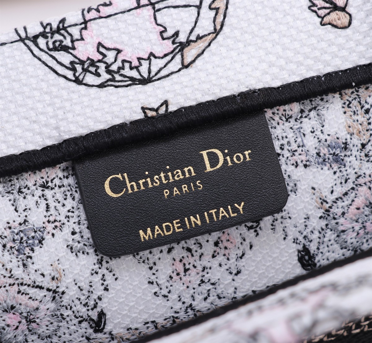 medium D*or book tote  white and pastel pink butterfly around the world embroidery 14 x 11 x 6.5 inches