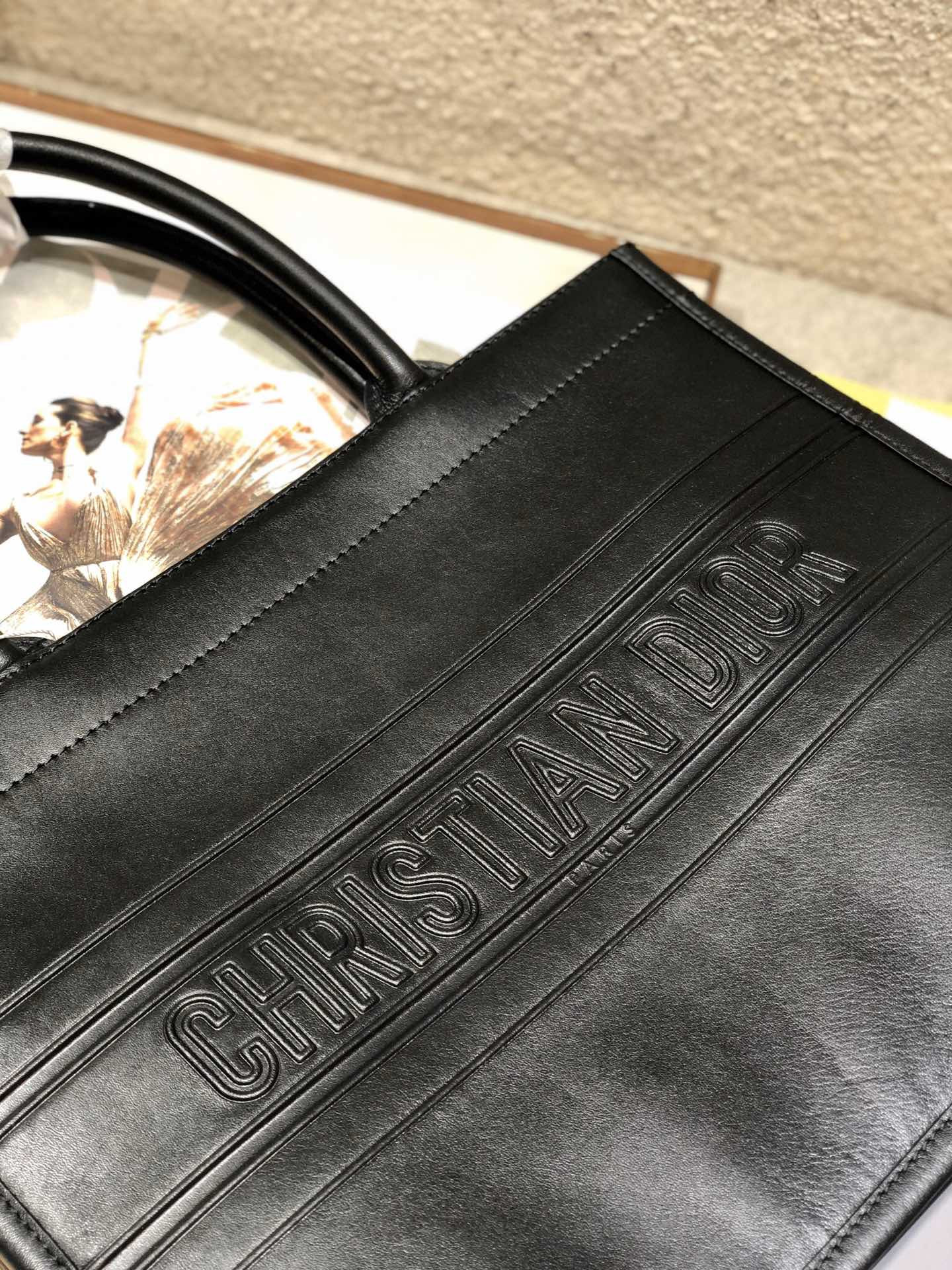 calfskin embossed medium D*or book tote black 14 x 11 x 6.5 inches