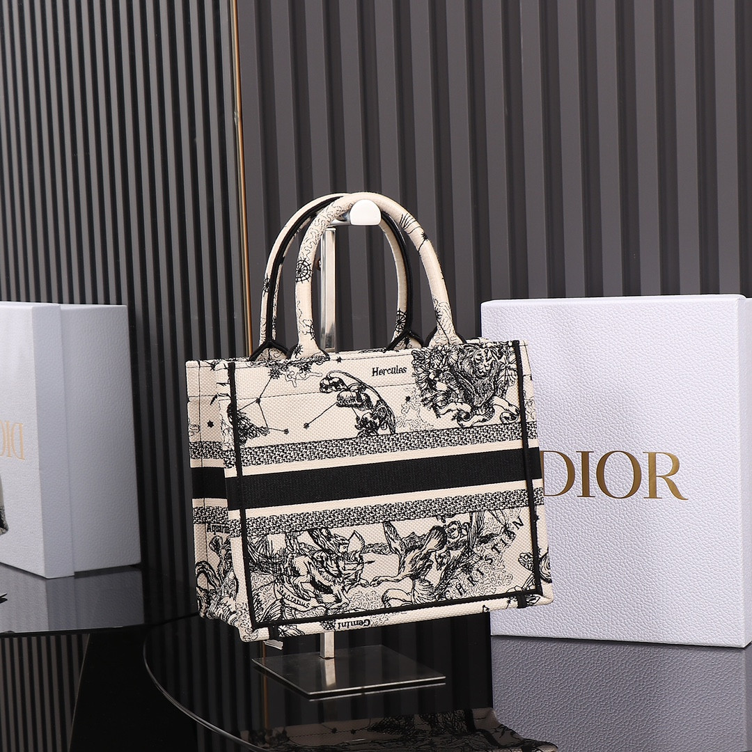 small D*or book tote latte and black toile de jouy zodiac embroidery 10.5 x 8.5 x 5.5 inches