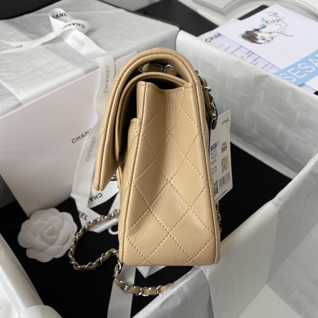 Ch*el classic handbag grained shiny calfskin & silver-tone metal coffee 6 × 9.9 × 2.5 in