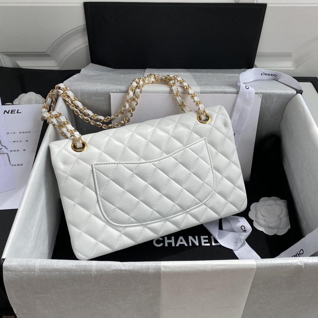 Ch*el classic handbag grained shiny calfskin & gold-tone metal white 6 × 9.9 × 2.5 in