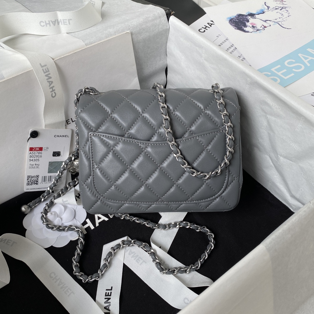 Ch*el mini flap bag shiny calfskin & silver-tone metal gray 5.3 × 6.6 × 3.1 in