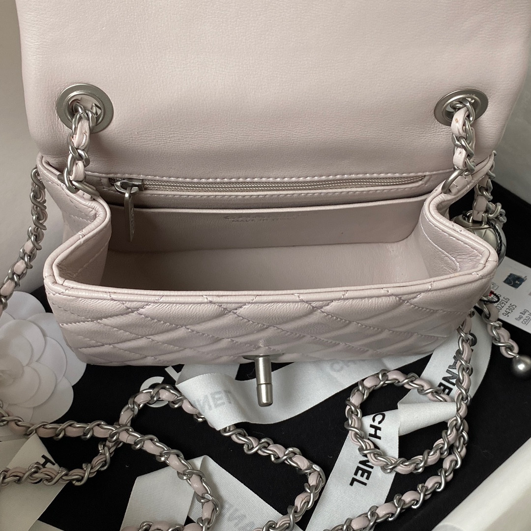 Ch*el mini flap bag shiny calfskin & silver-tone metal 5.3 × 6.6 × 3.1 in