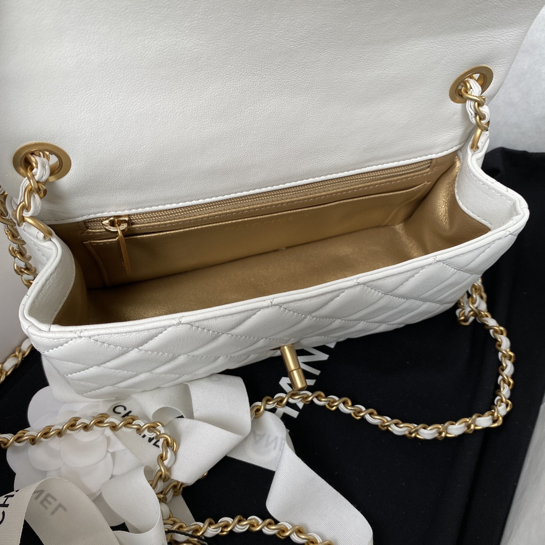 Ch*el mini flap bag shiny calfskin & gold-tone metal white 4.7 × 7.8 × 2.3 in