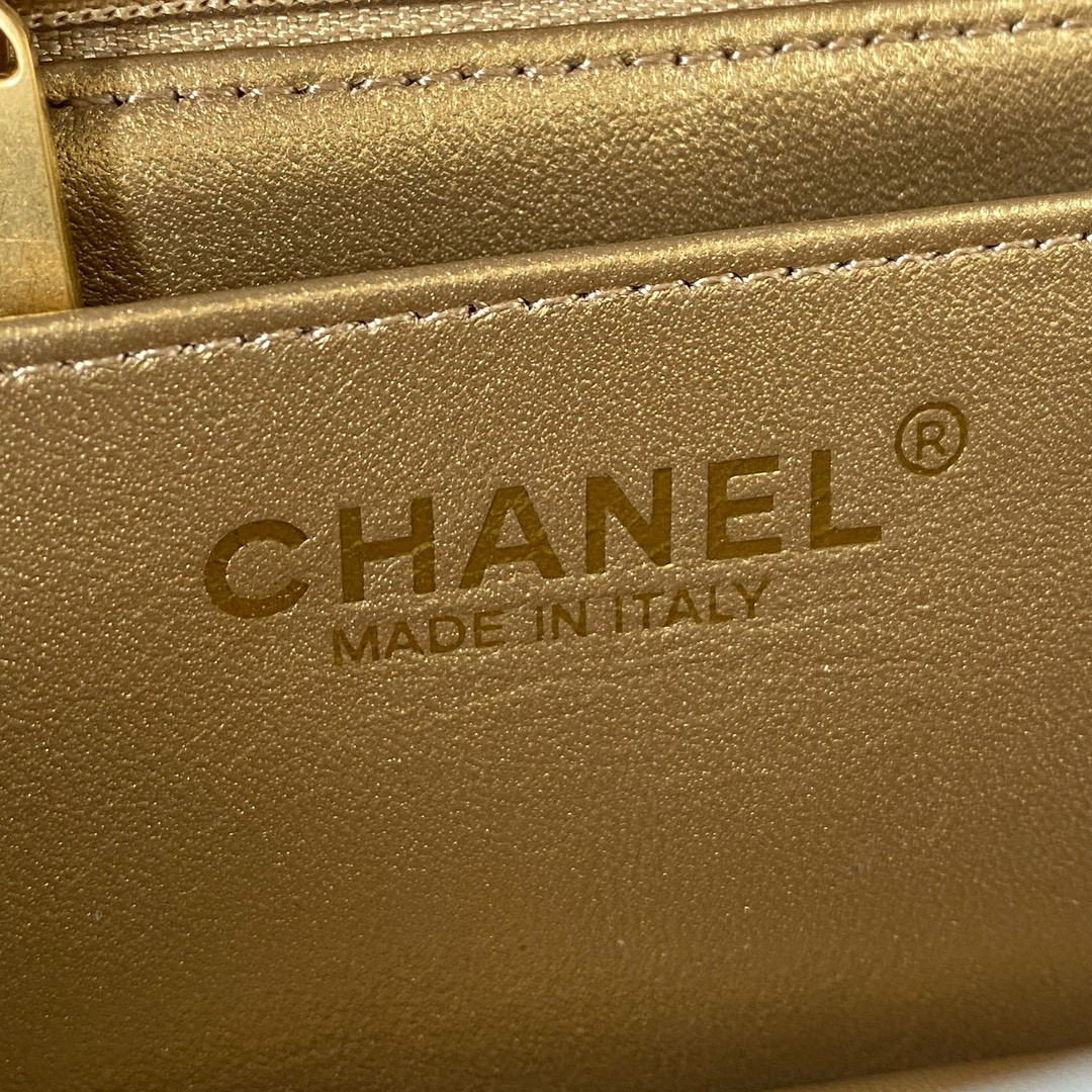 Ch*el mini flap bag shiny calfskin & gold-tone metal gray 4.7 × 7.8 × 2.3 in