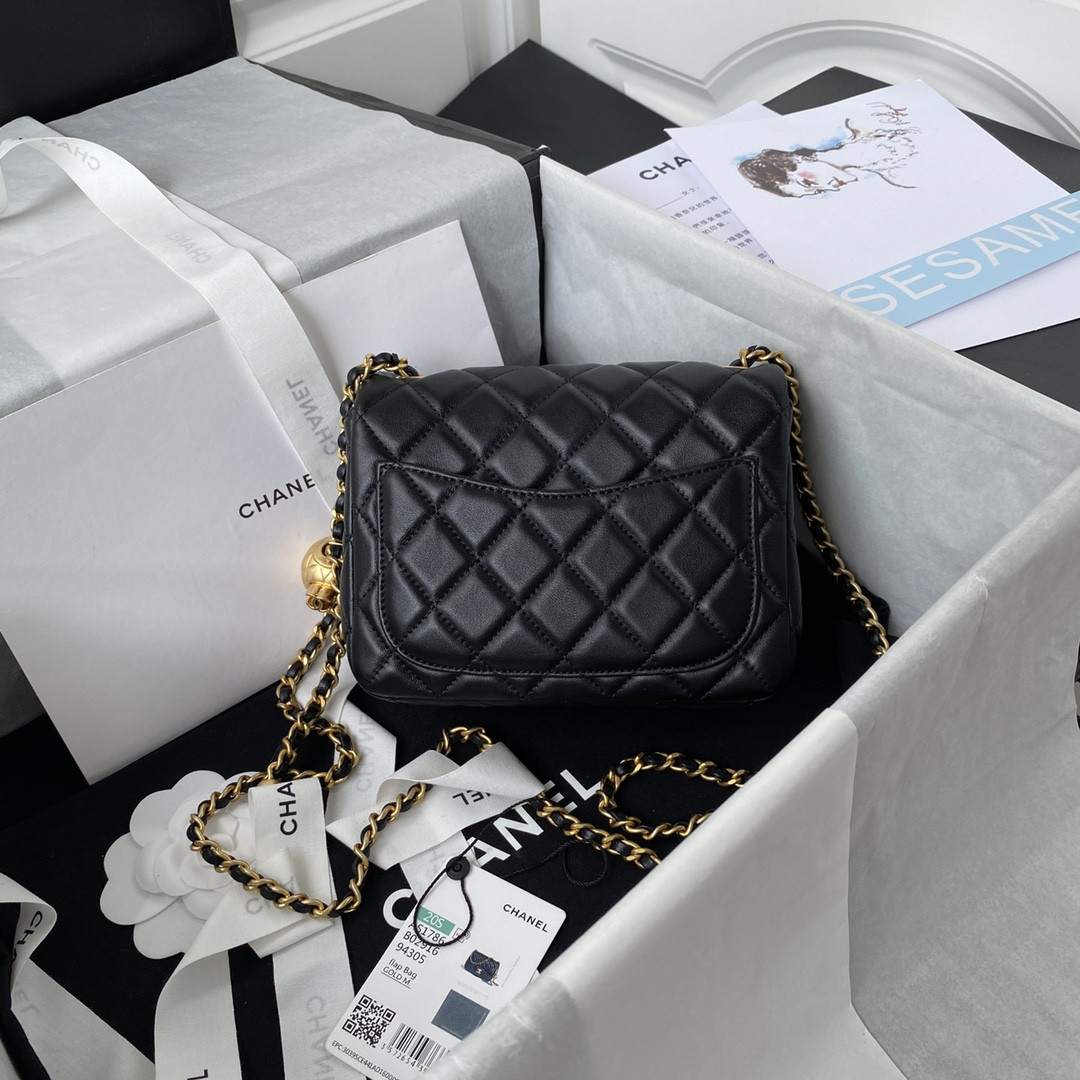 Ch*el mini flap bag shiny calfskin & gold-tone metal black 5.3 × 6.6 × 3.1 in