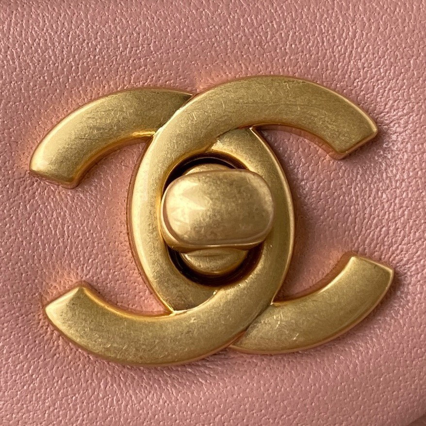 Ch*el mini flap bag shiny calfskin & gold-tone metal pink 5.3 × 6.6 × 3.1 in