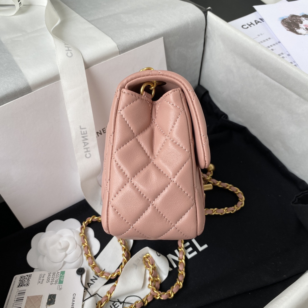 Ch*el mini flap bag shiny calfskin & gold-tone metal pink 5.3 × 6.6 × 3.1 in