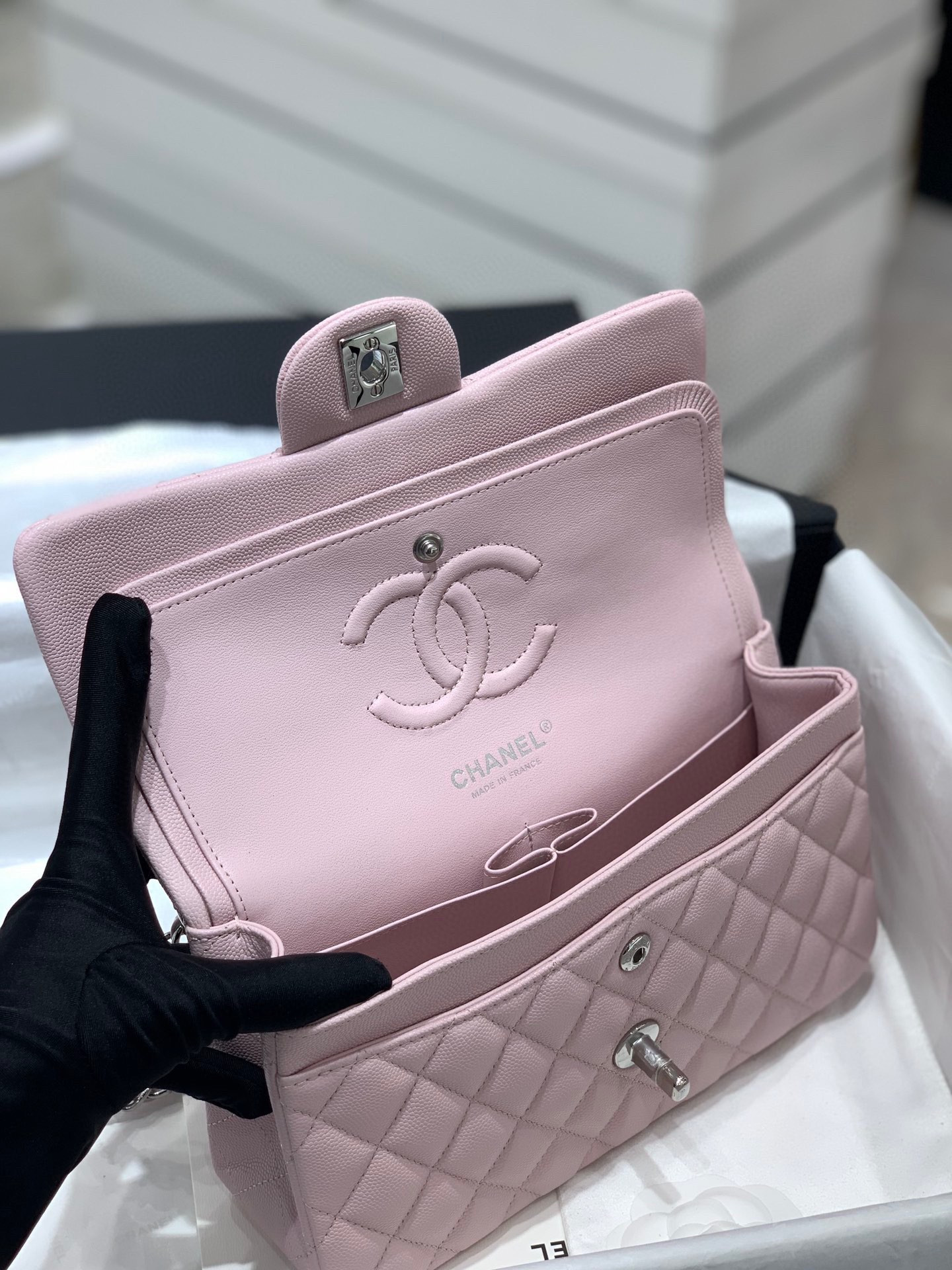 Ch*el classic handbag grained calfskin & silver-tone metal pink 6 × 9.9 × 2.5 in