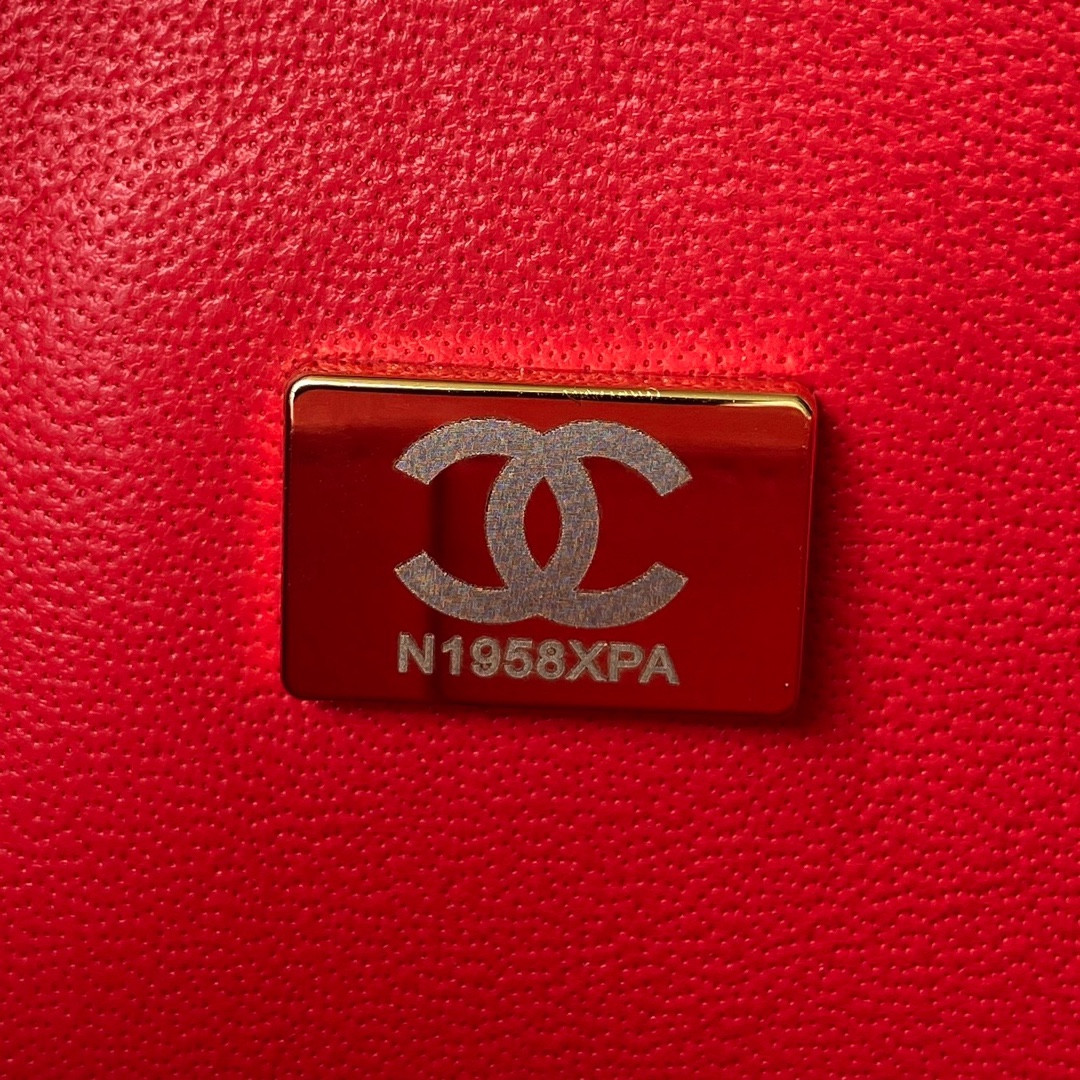 Ch*el small classic handbag lambskin & gold-tone metal red 5.7 × 9 × 2.3 in