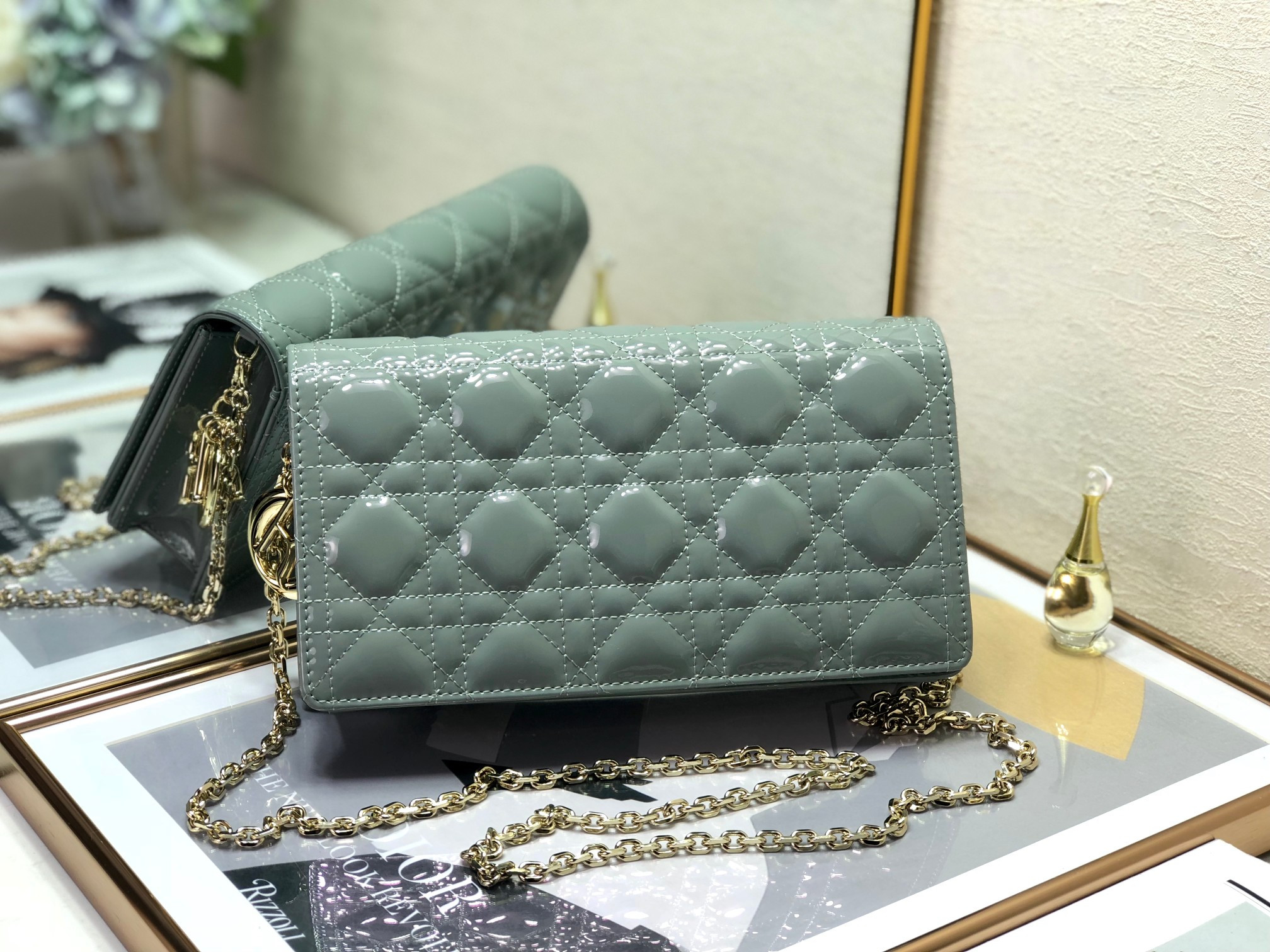 lady D*or pouch  cloud blue cannage 8.5 x 4.5 x 1 inches