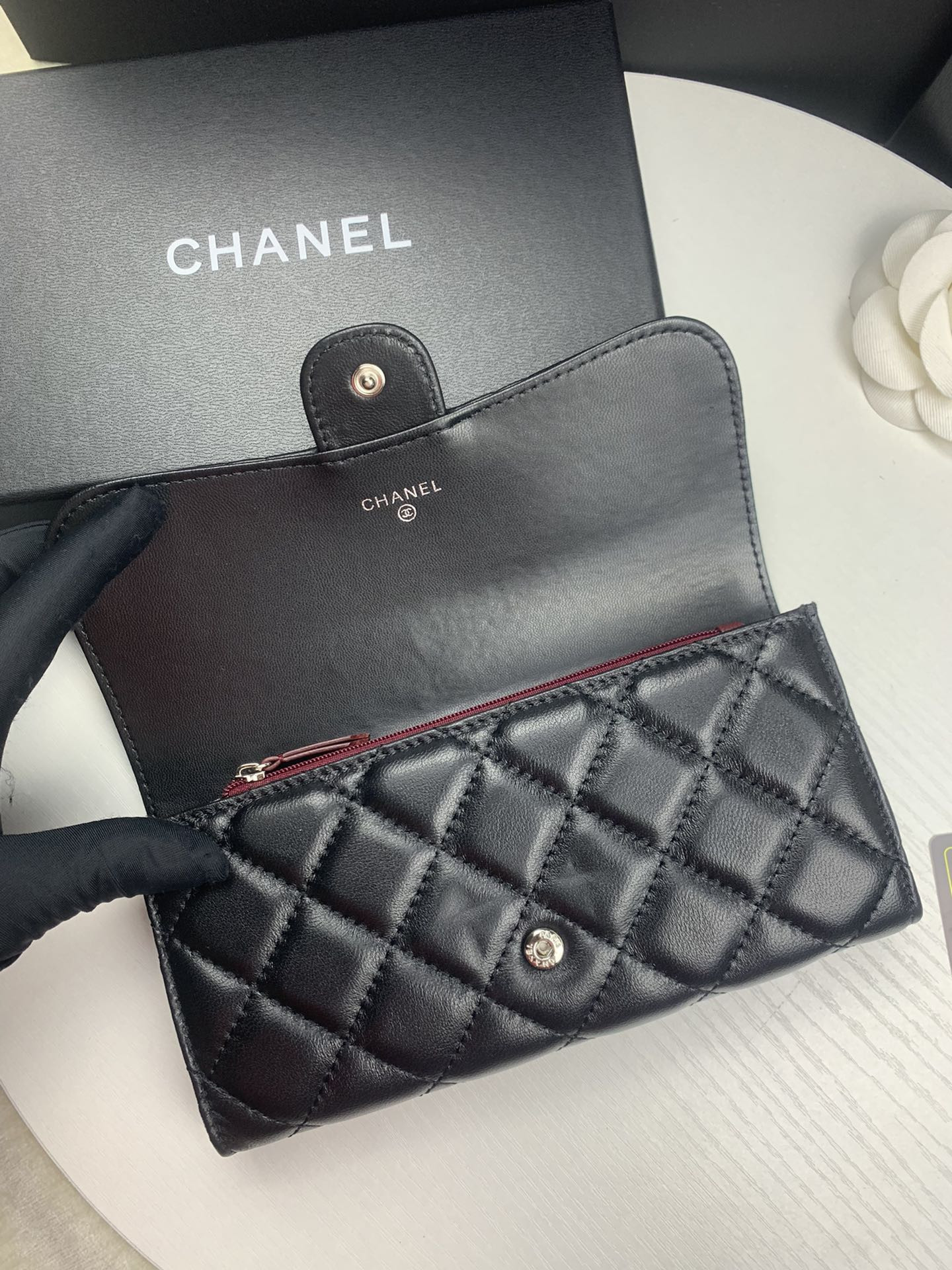 Ch*el flap wallet black silver 19.5 x10 cm