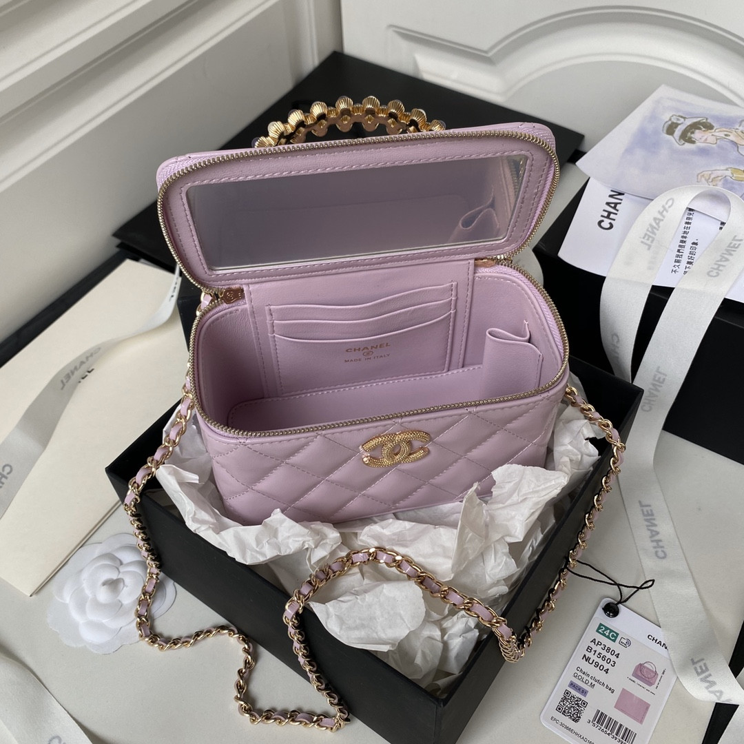 Ch*el 24p chain leather square box shoulder bag purple 16x10x8cm